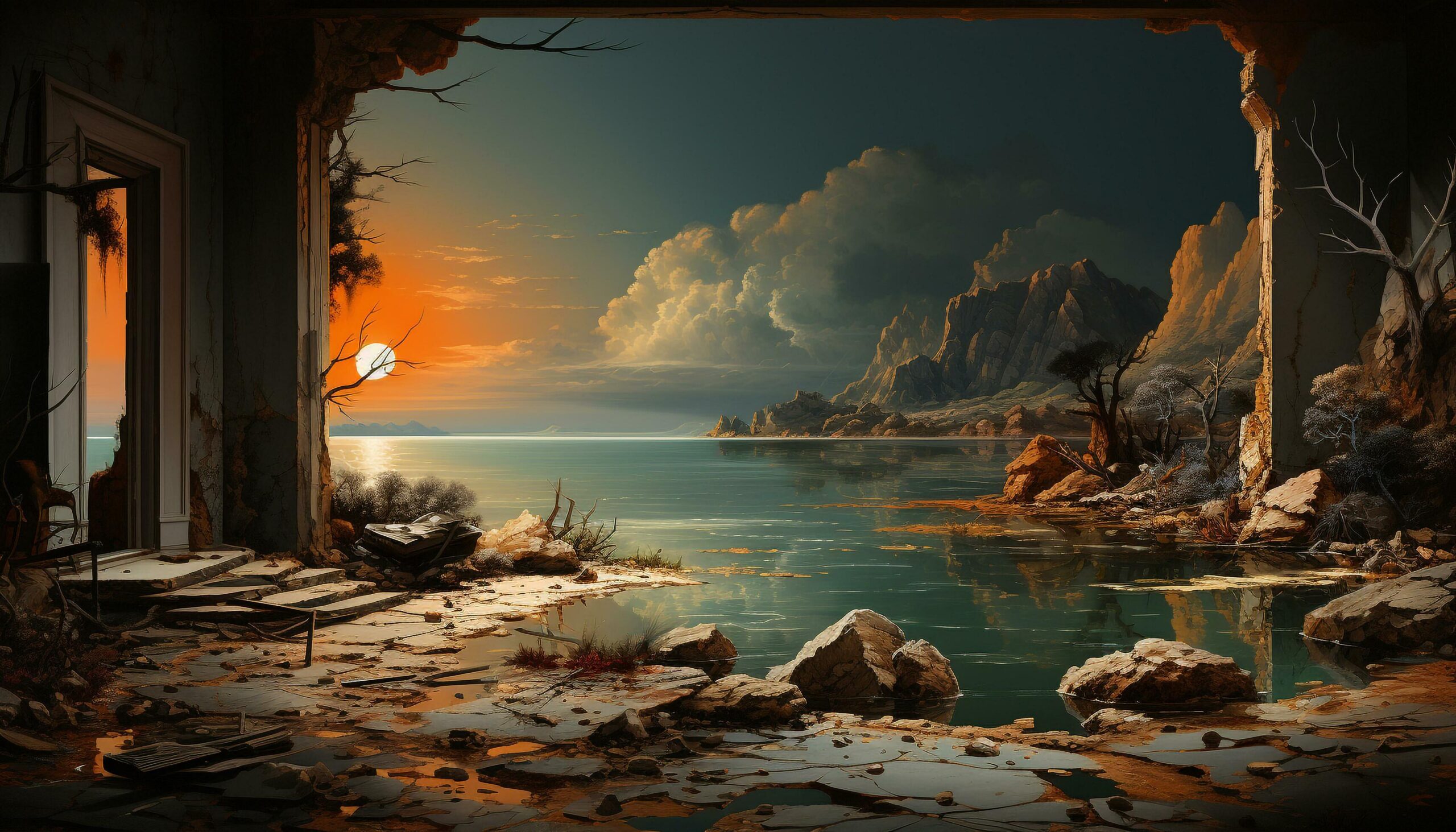 Spooky-old-forest-abandoned-window-reflects-spooky-sunset-over-water-generated-by-ai-free-photo