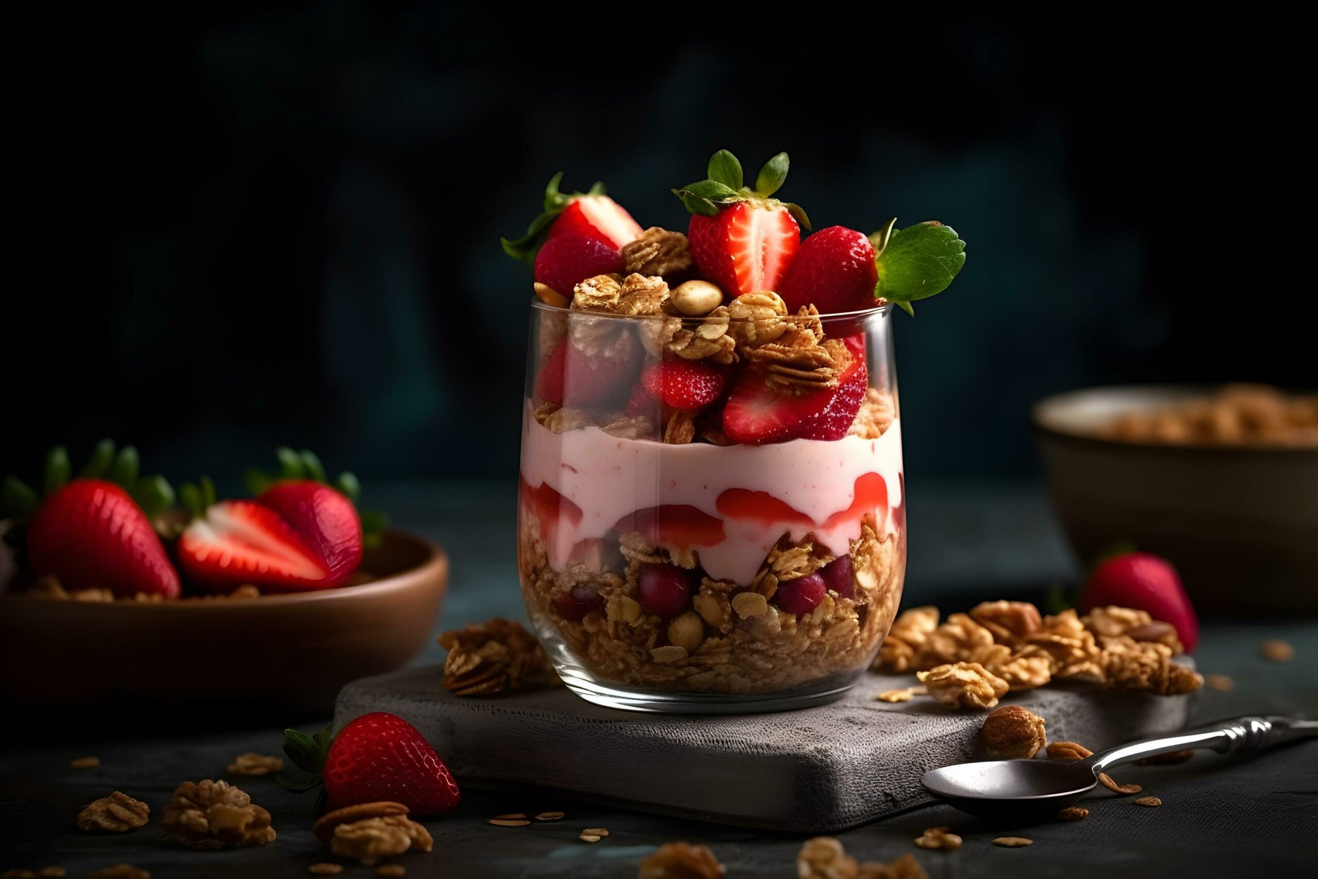 Strawberry-yogurt-granola-parfait-with-sliced-nuts-and-fresh-strawberries-berries-in-a-glass-jar-on-dark-background-generative-ai-free-photo