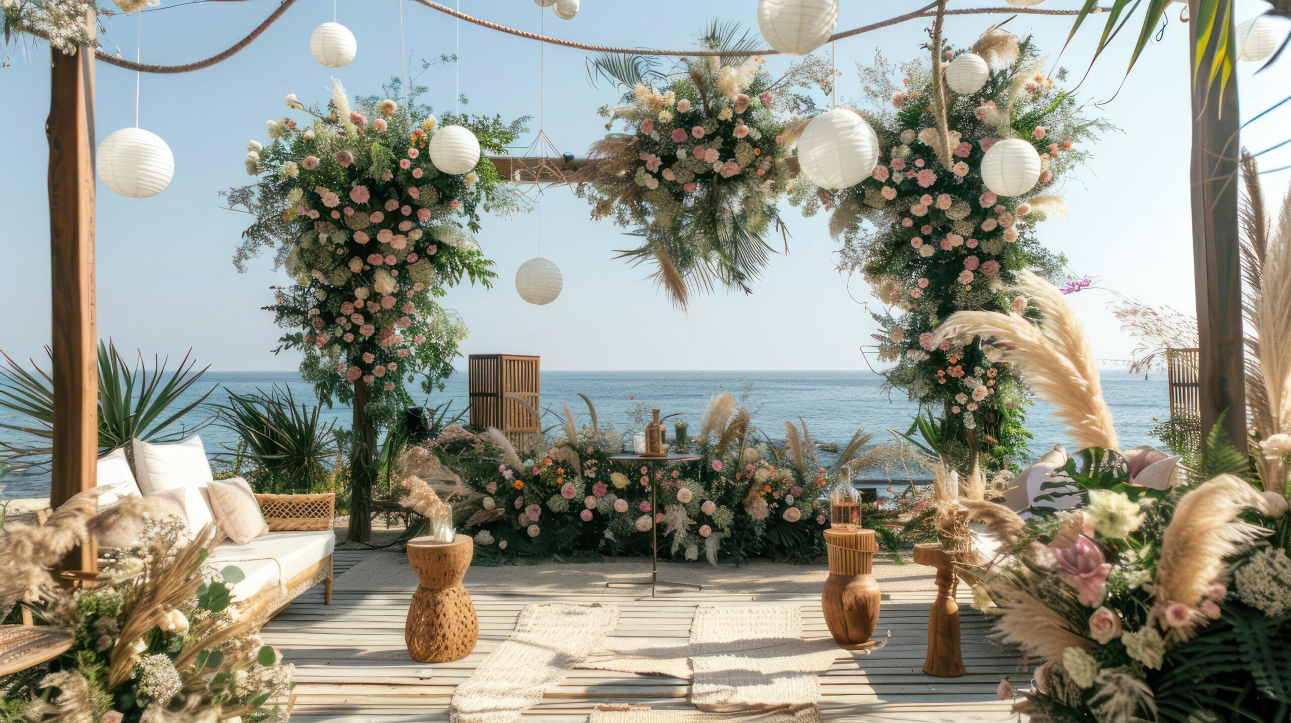 The-backdrop-for-an-open-air-wedding-on-the-beach-filled-with-beautiful-floral-decorations-and-ornaments-ai-generate-free-photo