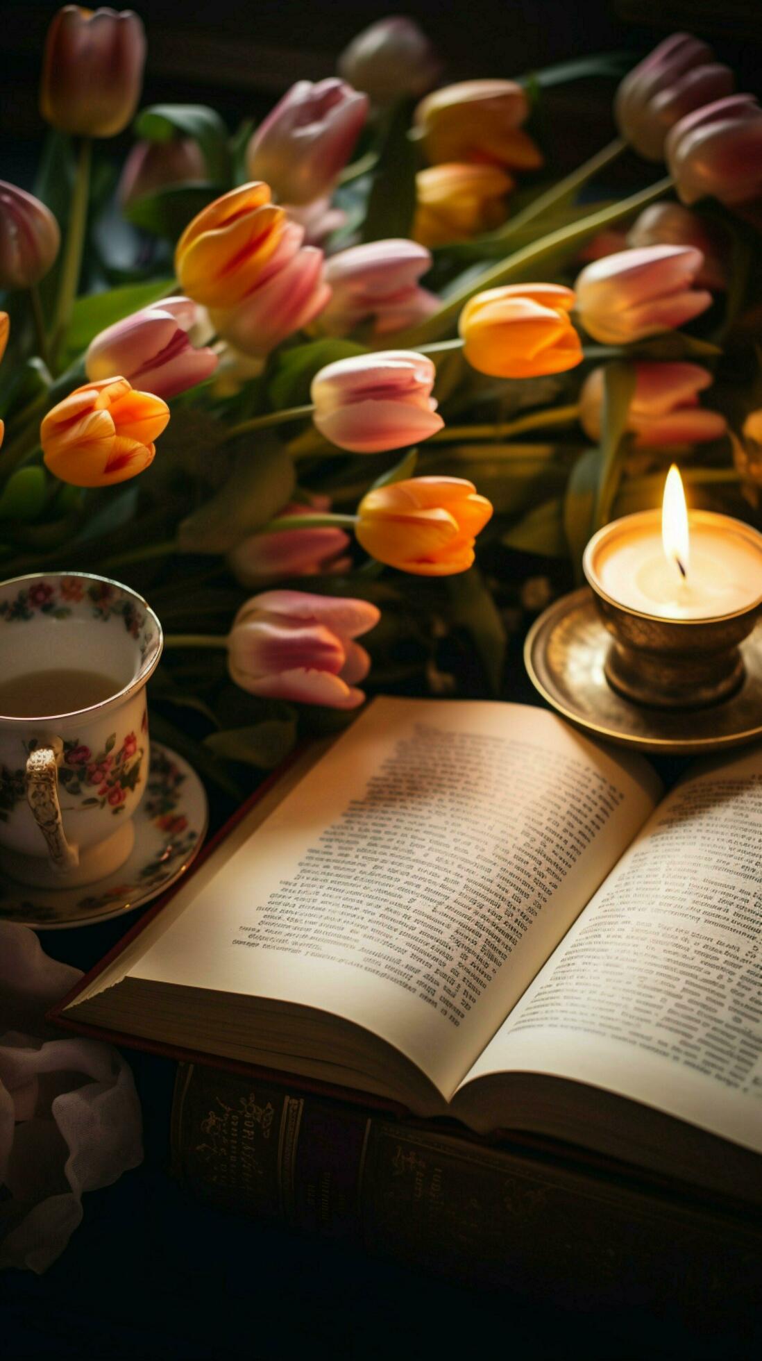 Top-view-open-bible-tulips-sweater-tea-and-candles-in-flat-lay-vertical-mobile-wallpaper-ai-generated-free-photo