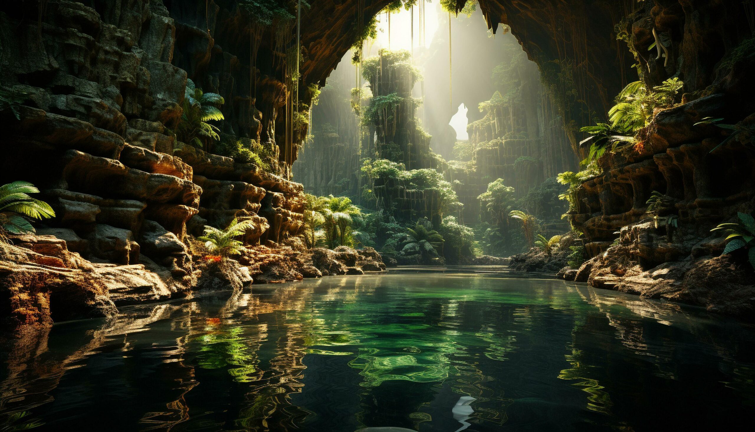 Tranquil-scene-of-a-tropical-rainforest-with-flowing-water-underground-generated-by-ai-free-photo