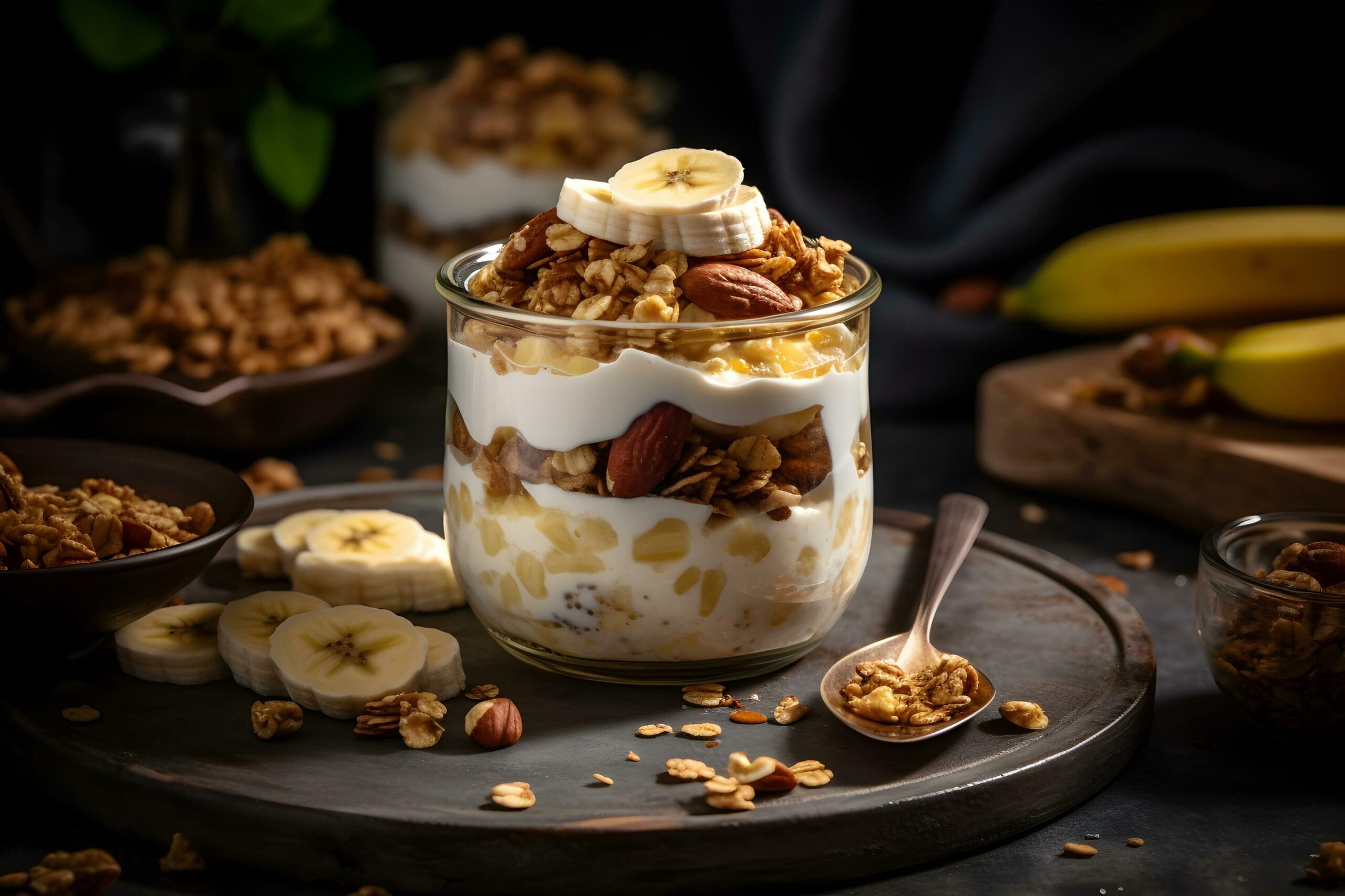 Yogurt-granola-parfait-with-sliced-nuts-and-fresh-banana-fruits-in-a-glass-jar-on-dark-background-generative-ai-free-photo