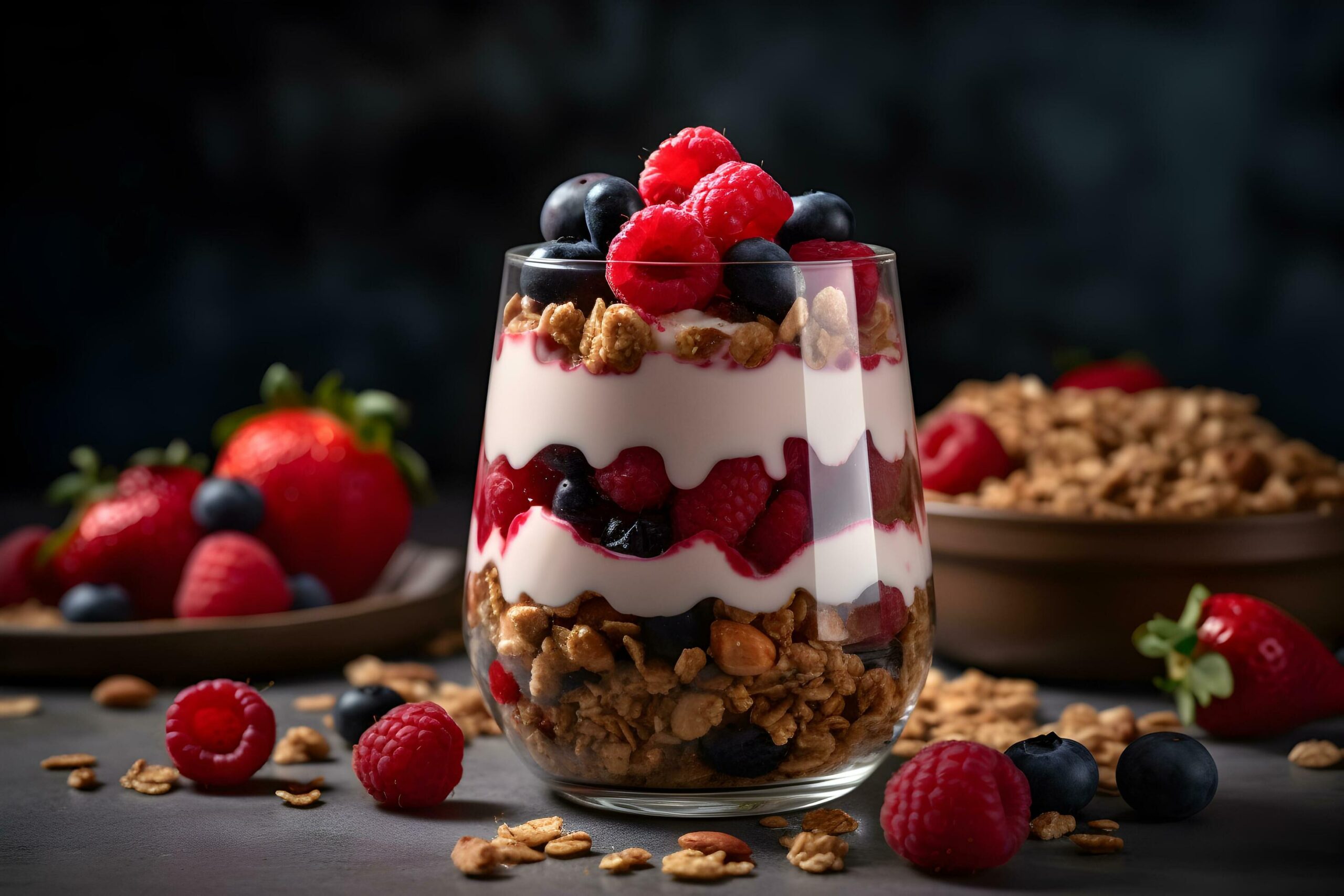 Yogurt-granola-parfait-with-sliced-nuts-fresh-strawberry-raspberry-and-blueberry-in-a-glass-jar-on-dark-background-generative-ai-free-photo