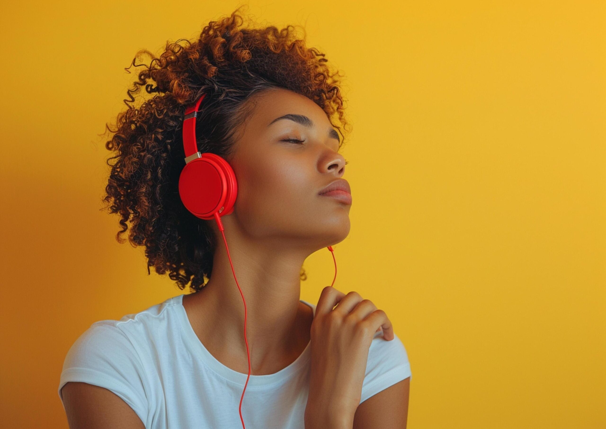 Young-woman-wearing-white-t-shirt-in-modern-red-headphones-on-yellow-background-generated-by-ai-free-photo