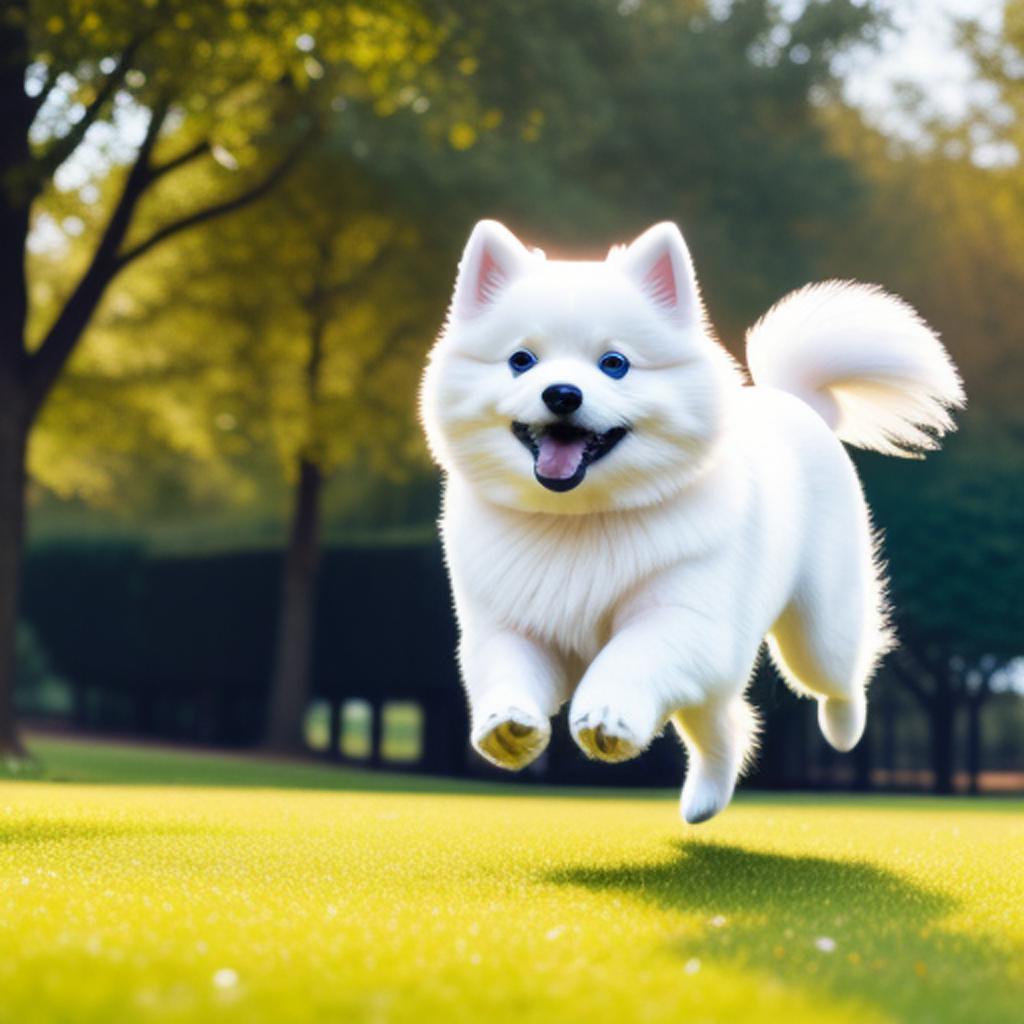 A futuristic white pomeranian, by @ai_generated