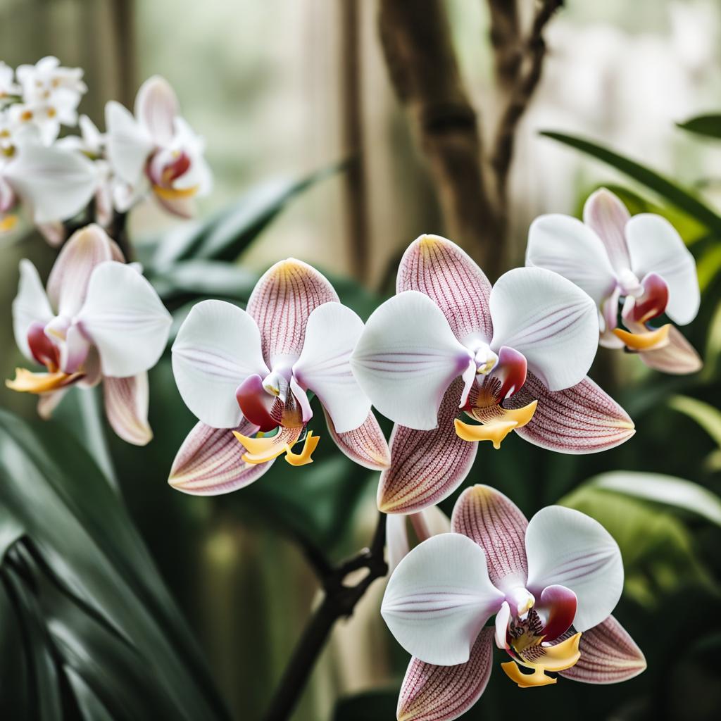 "botanical garden, elegant orchids, by @ai_generated