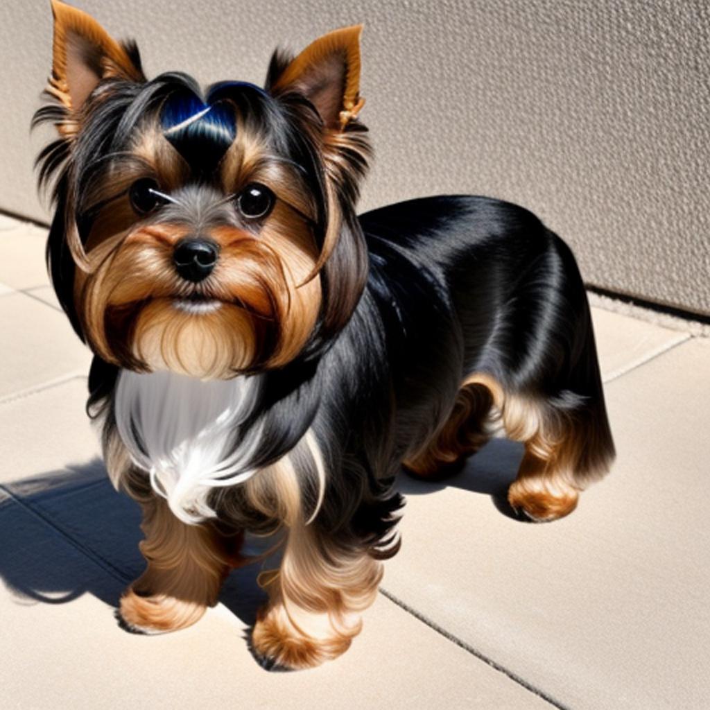 Yorkshire terrier post-grooming. Detailed by @ai_generated
