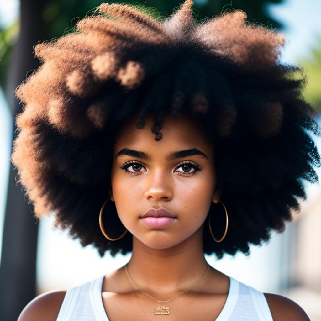 Cute girl/serious face/tanned skin/afro by @ai_generated