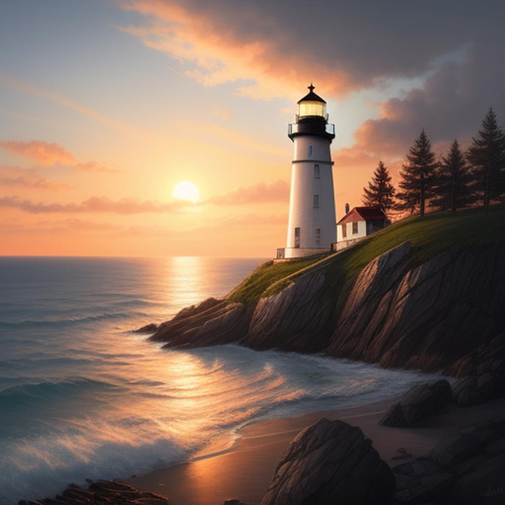 Lighthouse, tranquil, sunset nature by @ai_generated