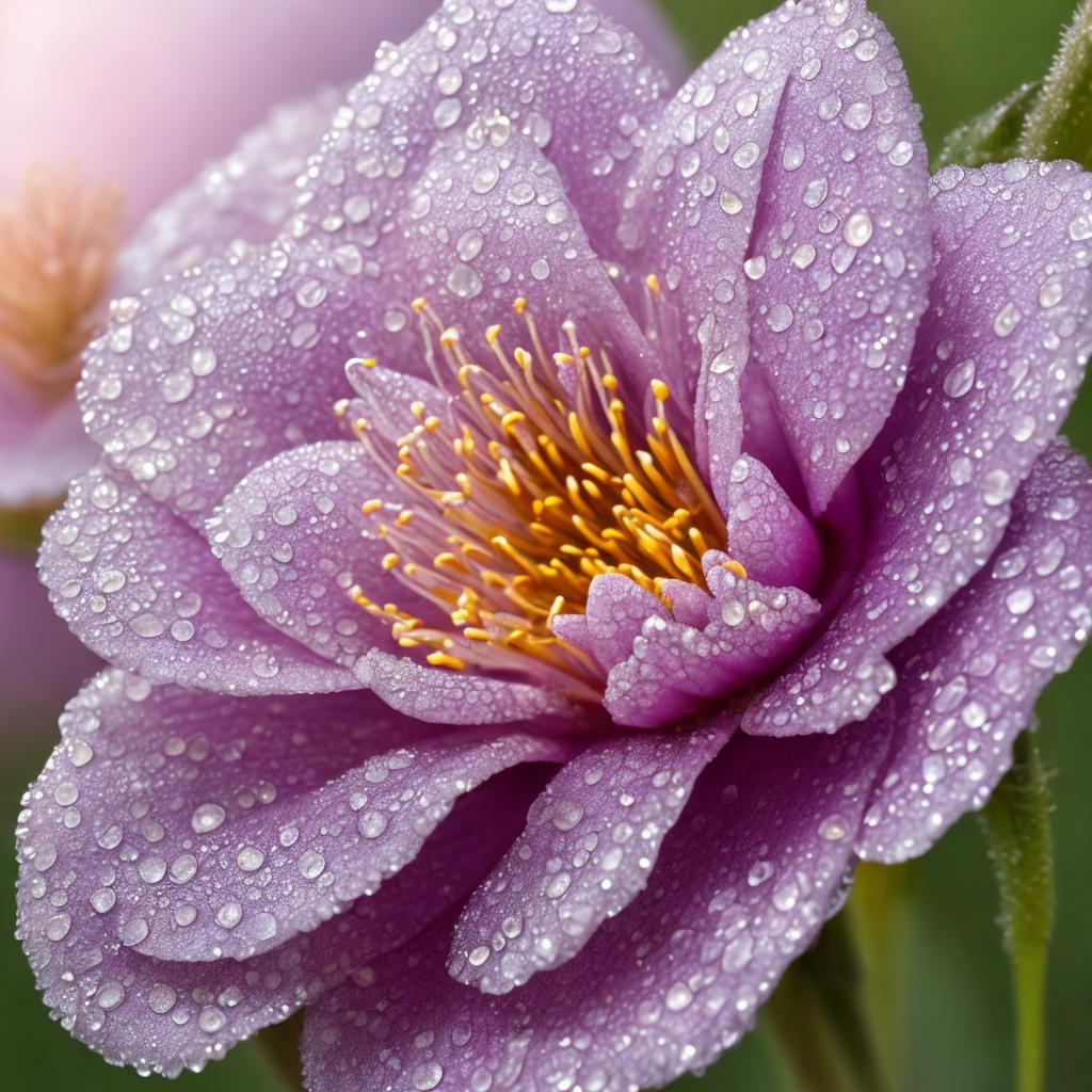"macro shot, dew-covered flower, by @ai_generated