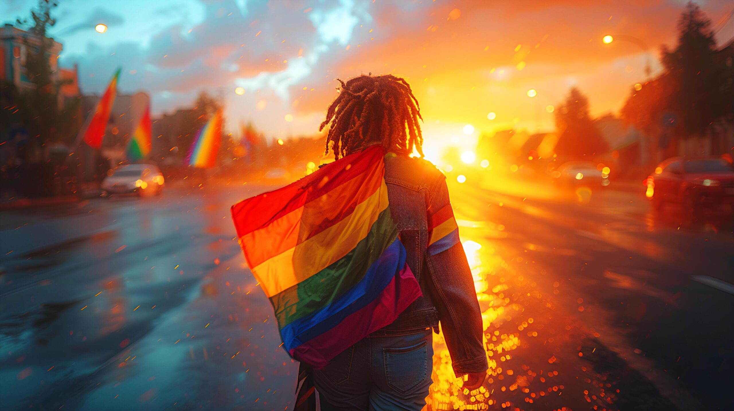 A-man-in-sunlight-with-vibrant-colors-sparkling-light-glitter-effect-of-rainbow-flag-on-the-street-for-celebrate-pride-month-of-lgbt-community-ai-generated-free-photo