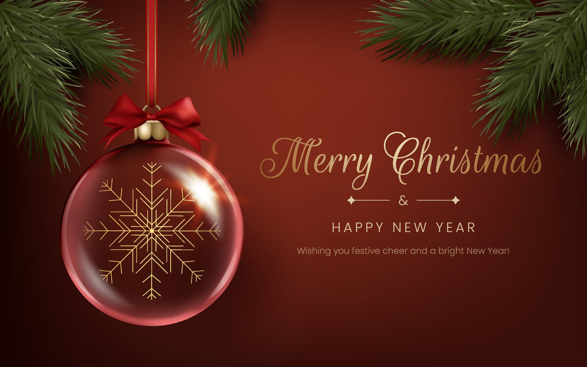 A-transparent-christmas-ball-with-a-snowflake-inside-luxurious-gold-illustration-merry-christmas-and-happy-new-year-red-banner-with-pine-green-branches-not-ai-generated-free-vector