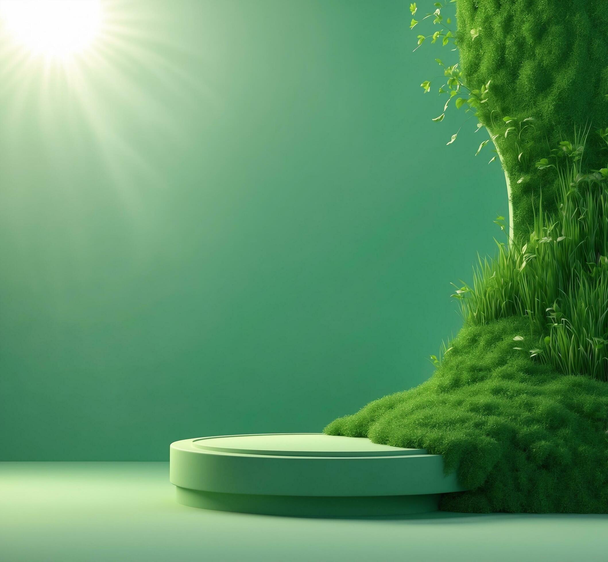 Ai-generated-3d-render-of-green-podium-for-product-display-with-grass-and-sun-rays-free-photo