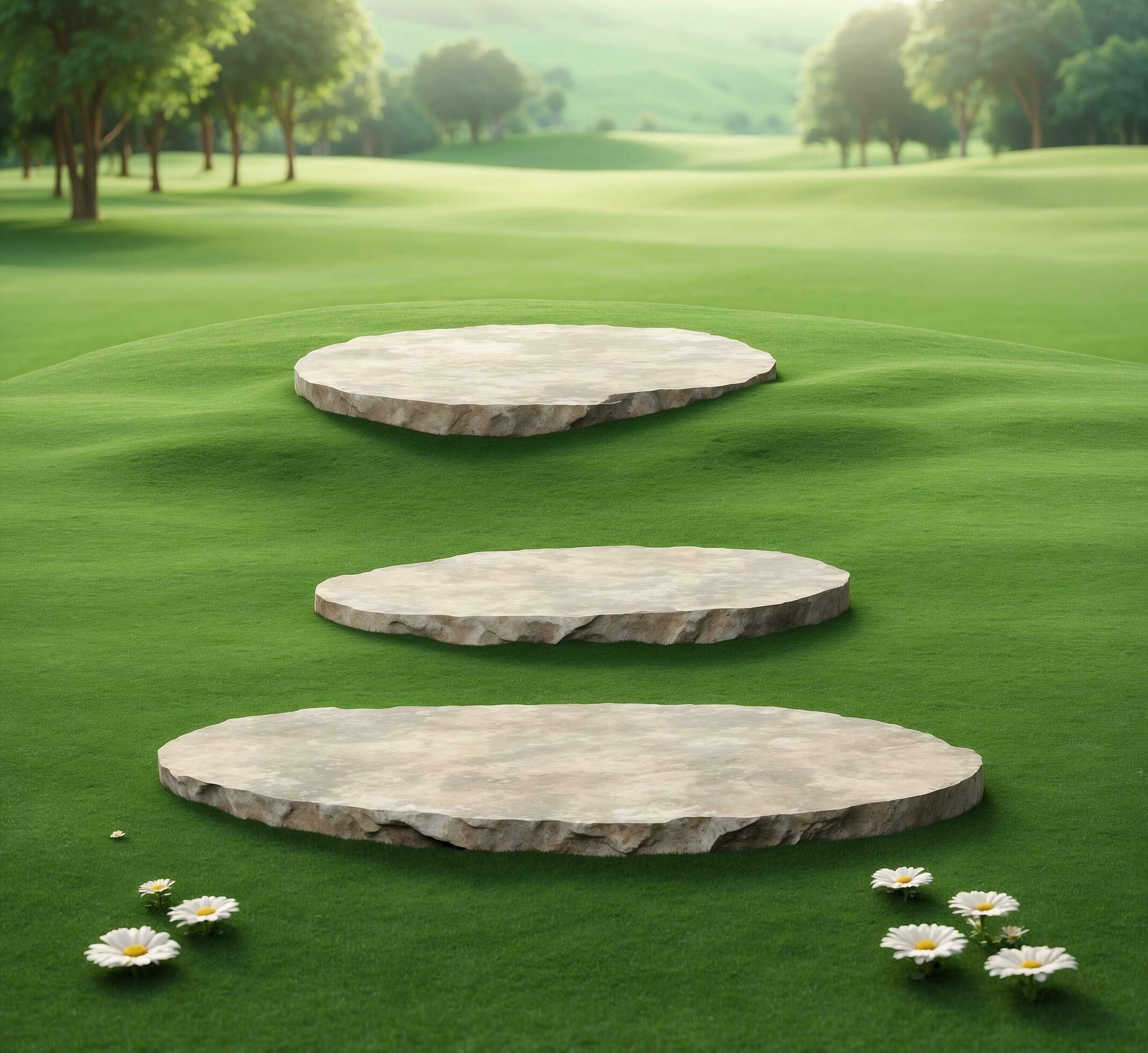 Ai-generated-3d-render-of-stone-steps-on-green-grass-with-daisies-free-photo