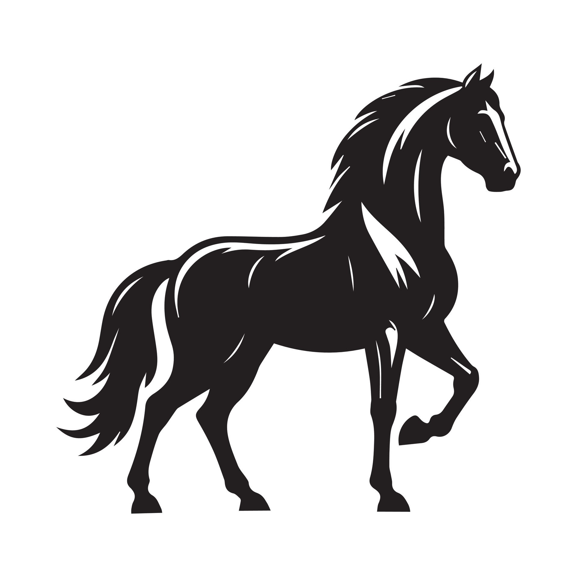 Ai-generated-a-black-and-white-drawing-of-a-horse-with-a-black-mane-and-tail-free-vector