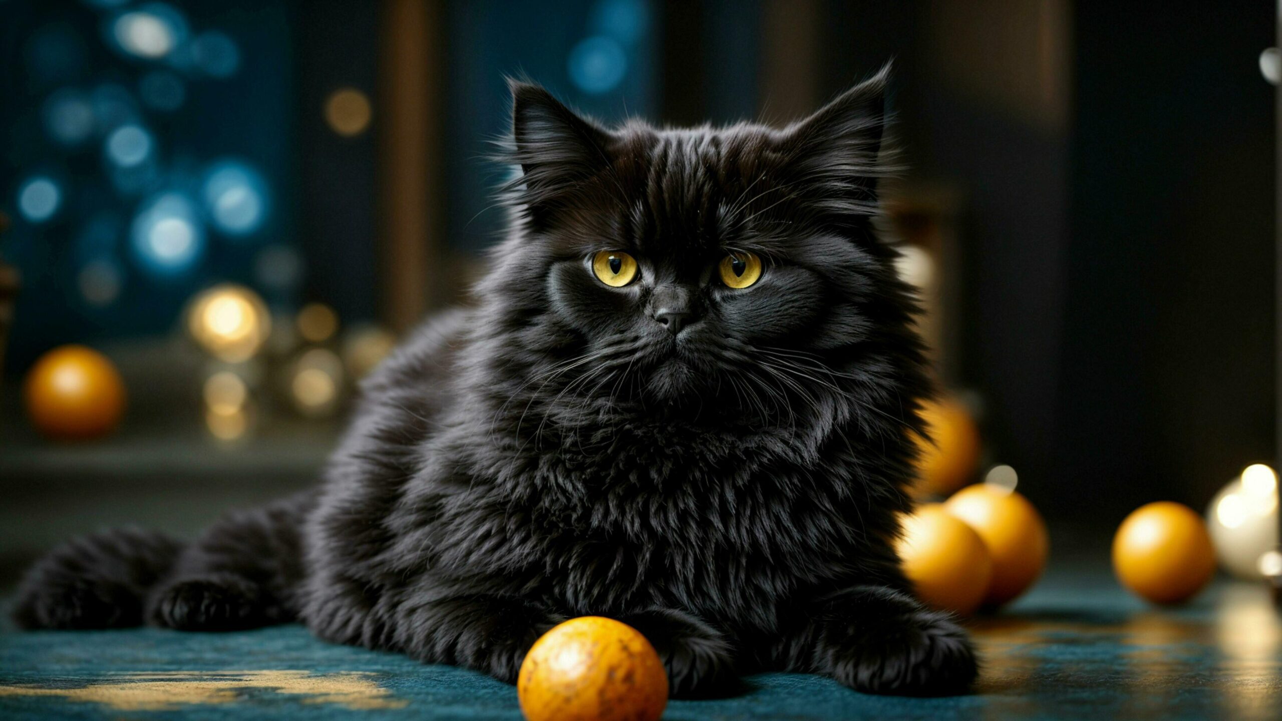Ai-generated-a-black-persian-cat-against-a-deep-midnight-blue-background-as-it-engages-in-playful-antics-on-the-floor-highlight-the-cat-s-glossy-coat-and-emphasize-free-photo