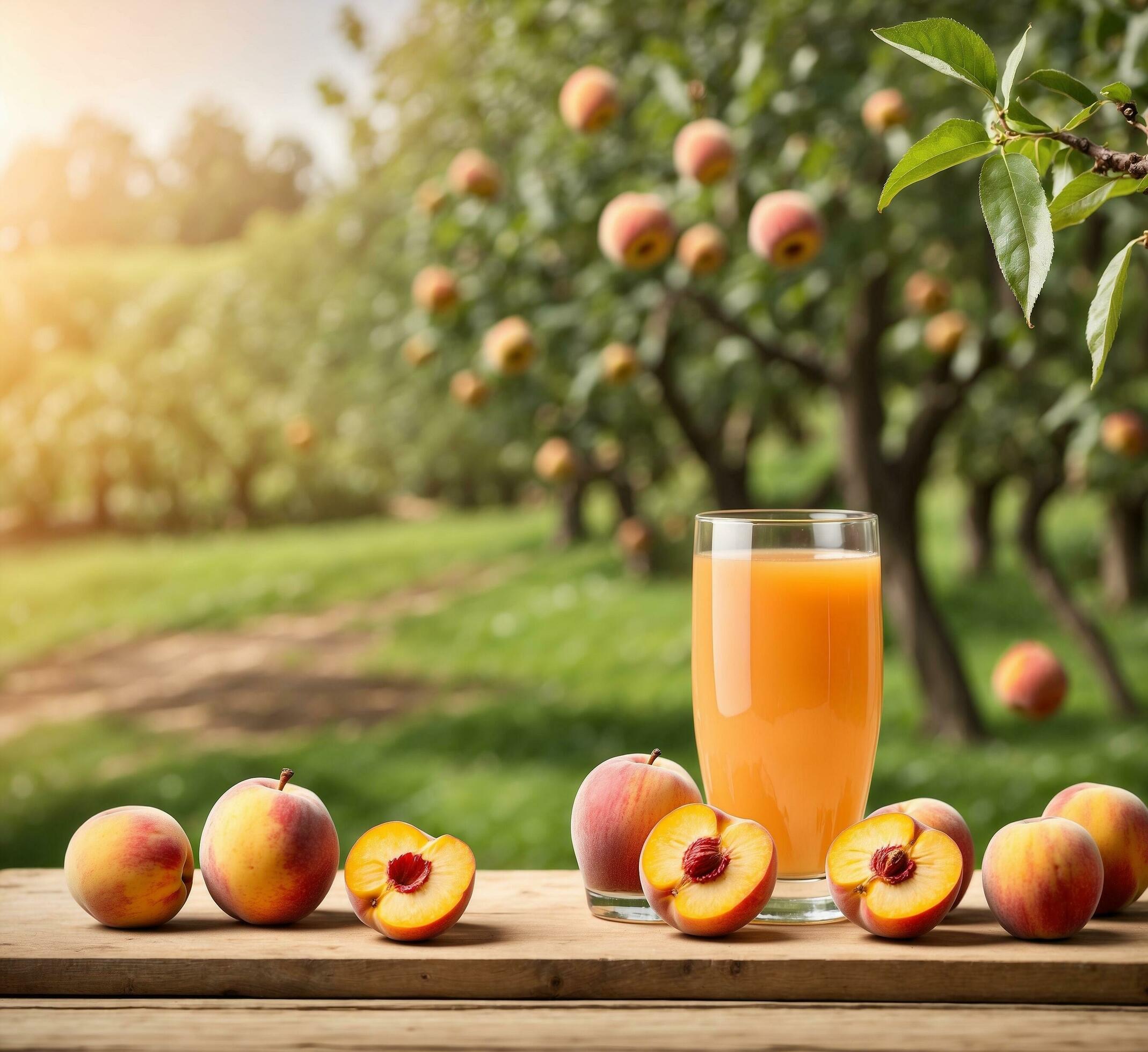 Ai-generated-a-glass-of-peach-juice-and-ripe-peaches-on-a-wooden-table-in-orchard-free-photo