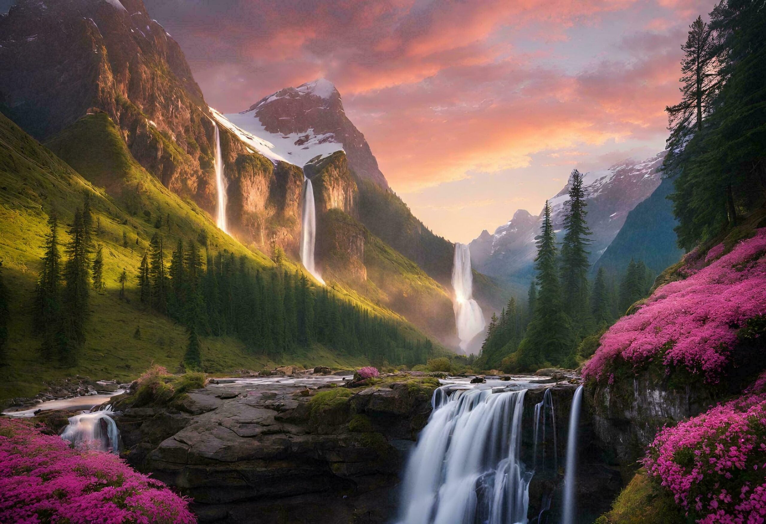 Ai-generated-a-majestic-waterfall-cascades-down-a-sheer-cliff-face-its-waters-shimmering-with-hues-of-gold-and-pink-as-the-first-rays-of-dawn-illuminate-the-scene-free-photo
