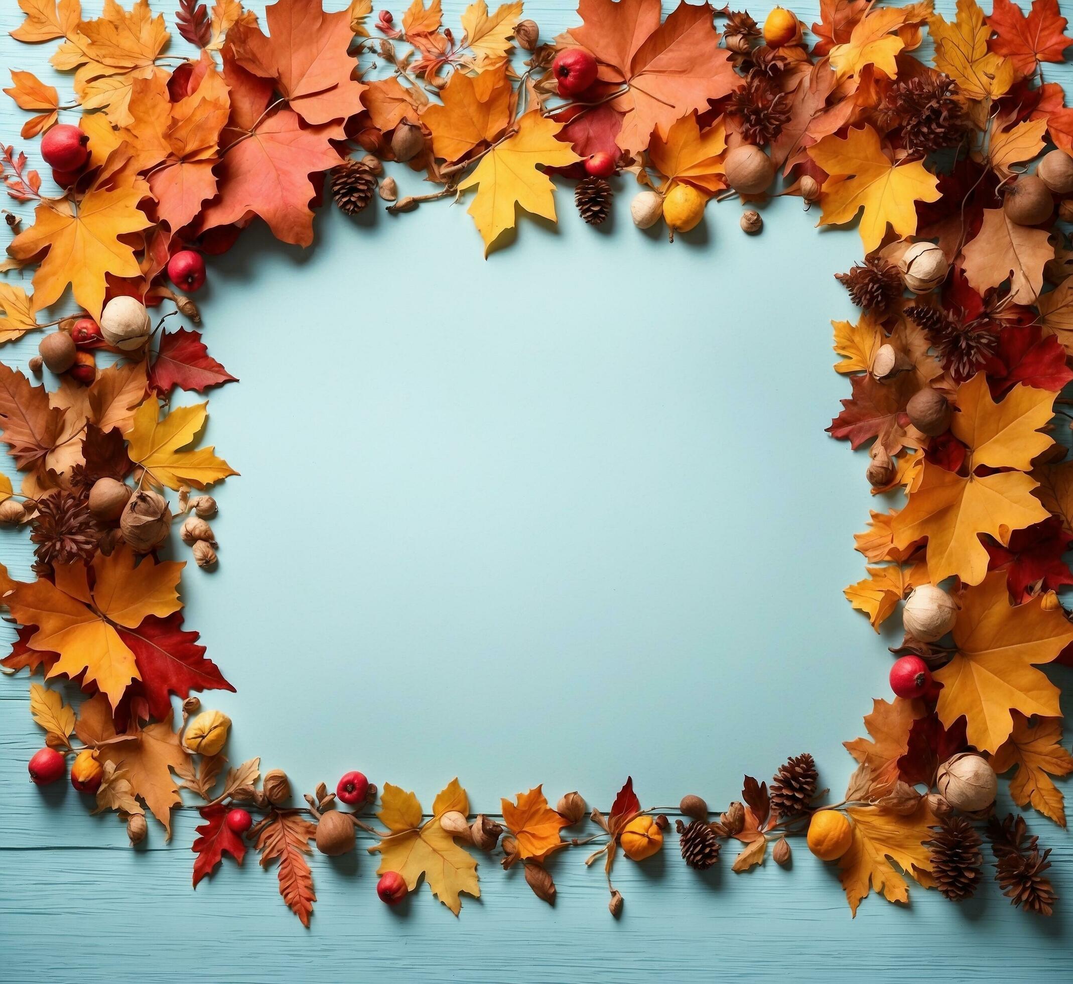 Ai-generated-autumn-leaves-frame-on-blue-background-top-view-with-copy-space-free-photo
