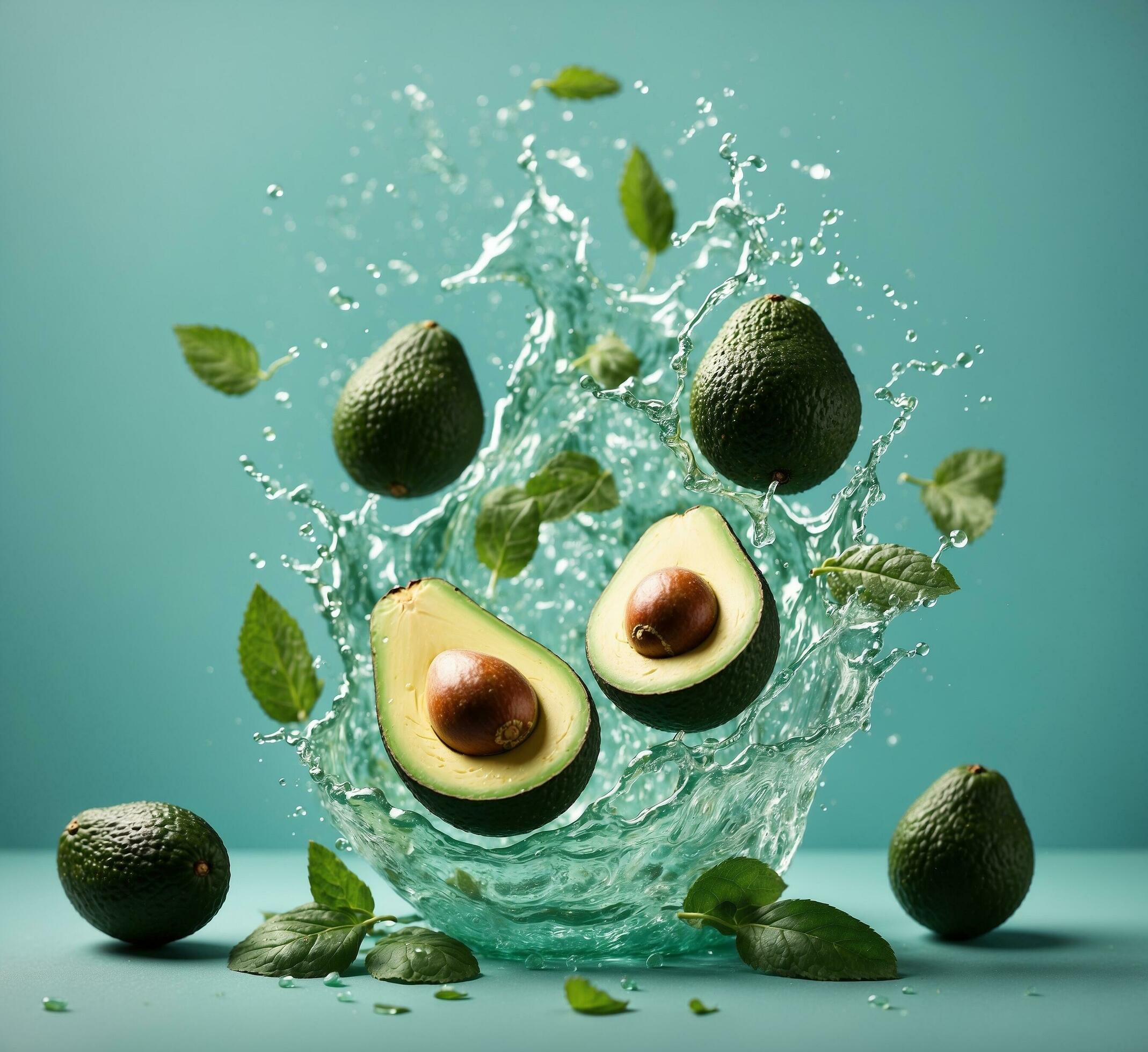 Ai-generated-avocado-in-water-splashes-on-a-blue-background-creative-food-concept-free-photo