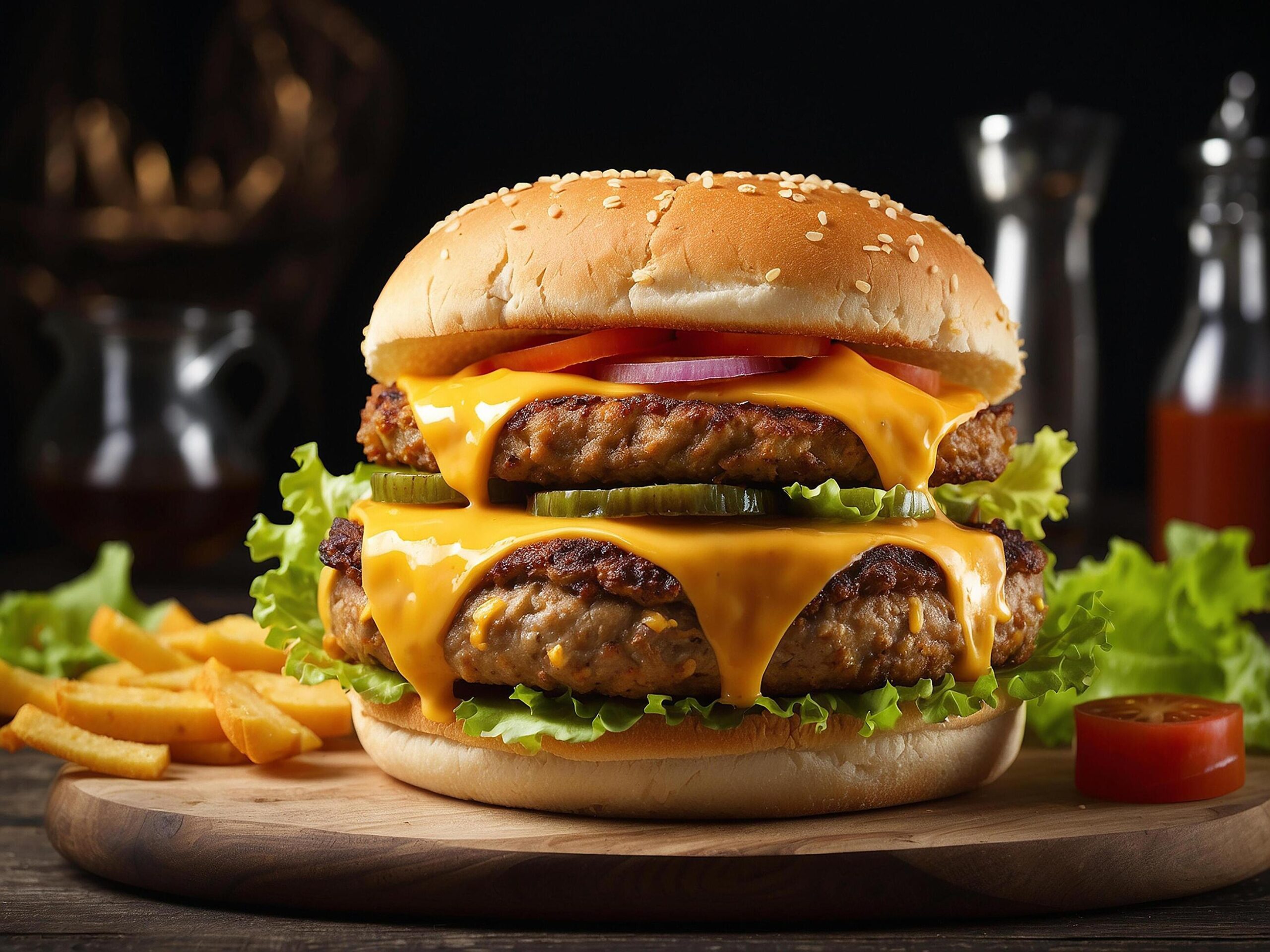 Ai-generated-big-double-cheddar-cheeseburger-with-chicken-cutlet-free-photo