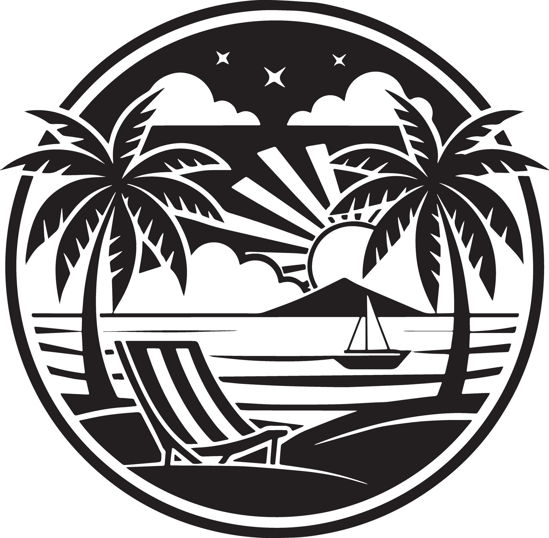 Ai-generated-black-and-white-beach-surfing-logo-beach-holidy-logo-free-vector