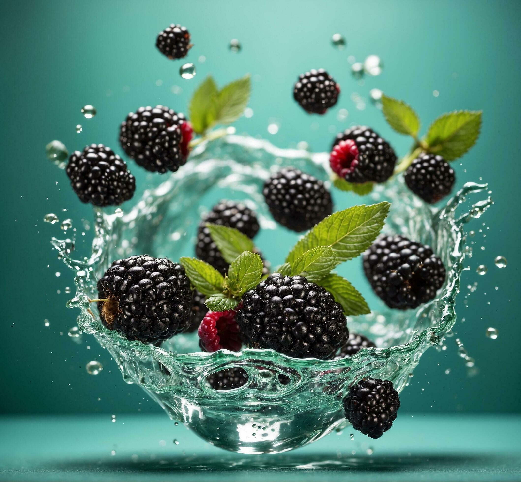 Ai-generated-blackberries-in-water-splashes-with-mint-leaves-on-an-aqua-background-free-photo