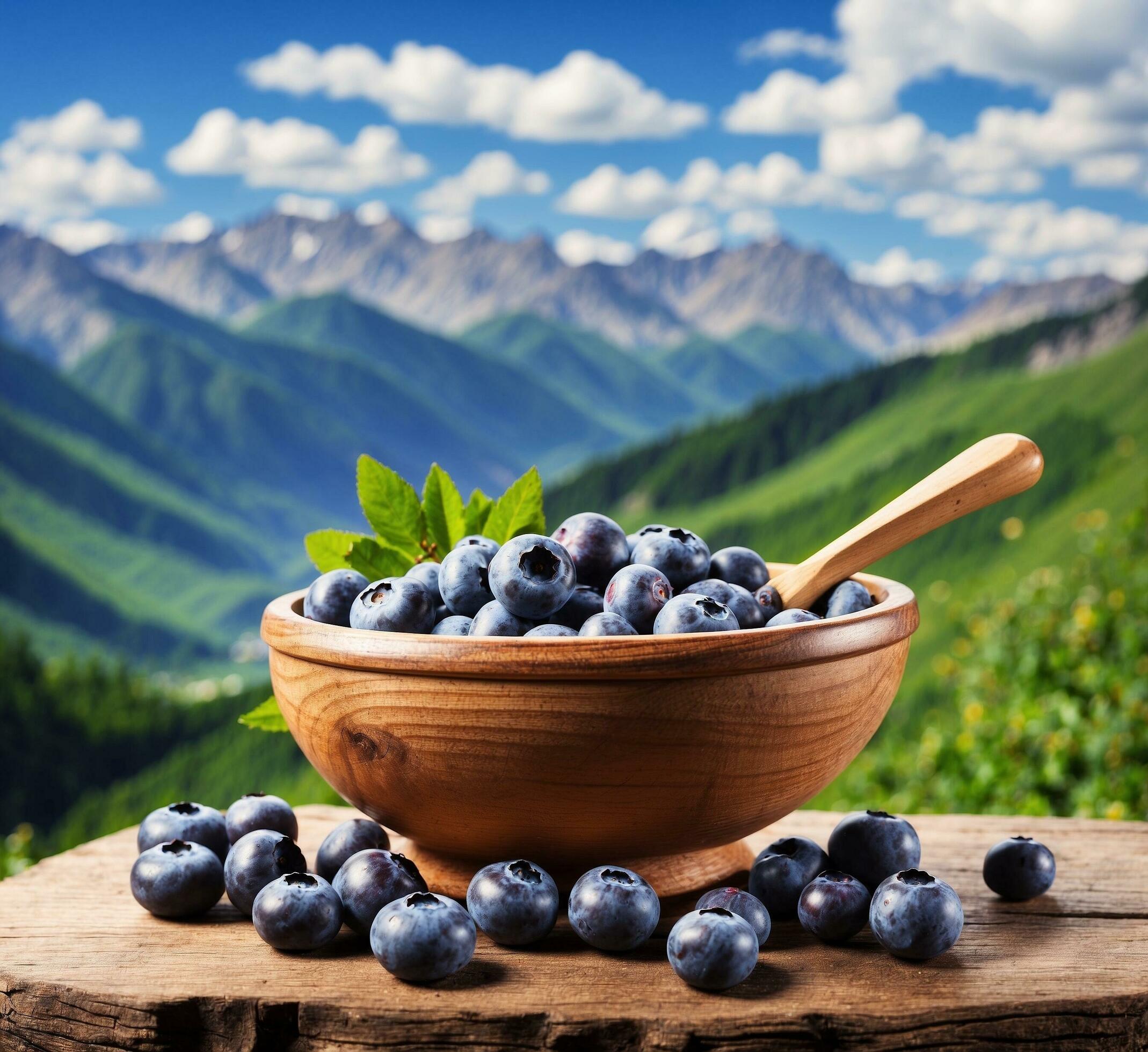 Ai-generated-blueberries-in-a-wooden-bowl-on-a-background-of-mountains-and-blue-sky-free-photo