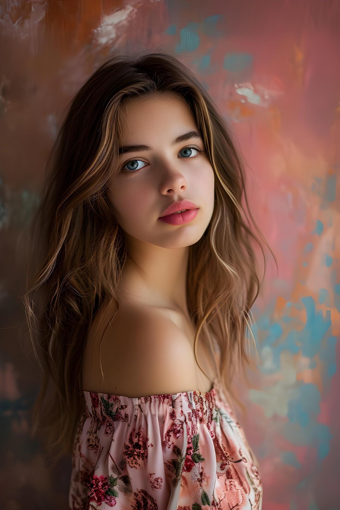 Ai-generated-bold-elegance-beautiful-girl-adorned-by-a-vibrant-painterly-background-free-photo