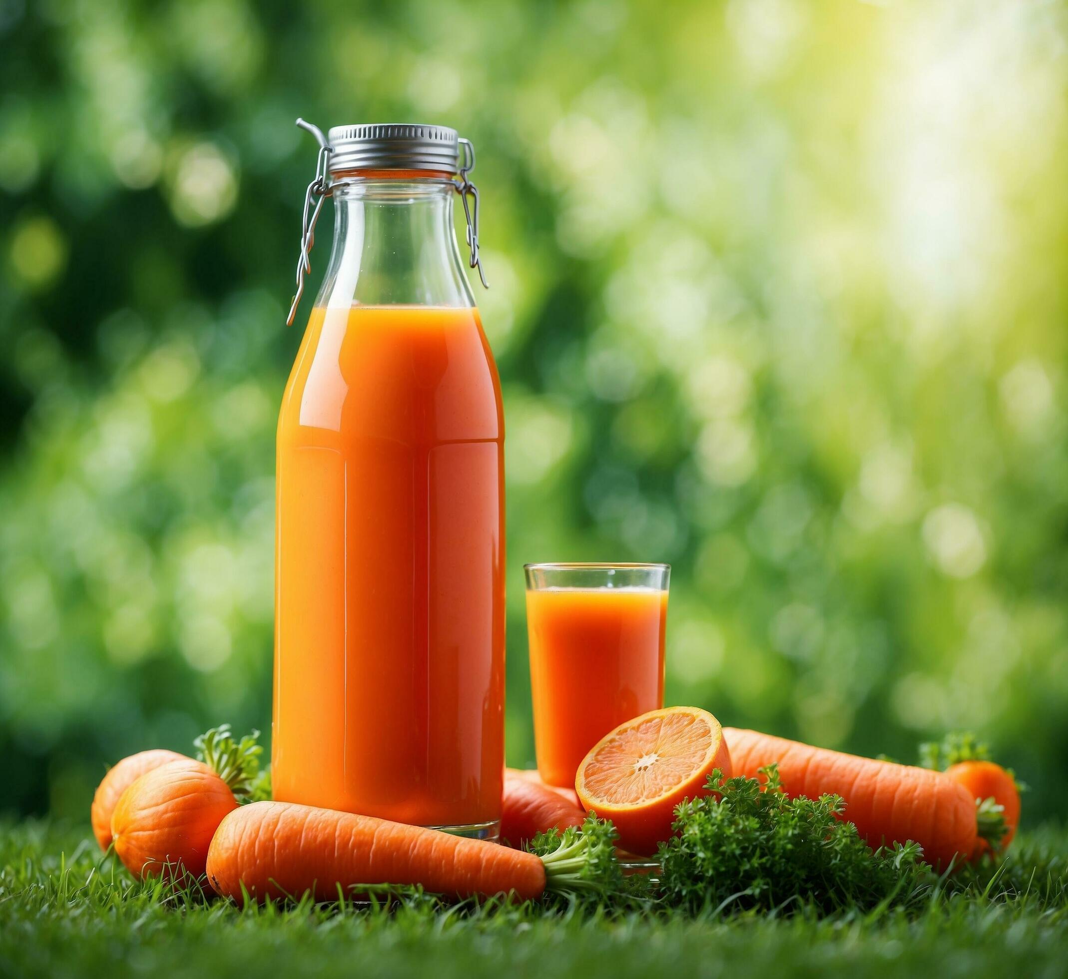 Ai-generated-bottle-of-carrot-juice-with-fresh-carrots-on-green-grass-in-the-garden-free-photo