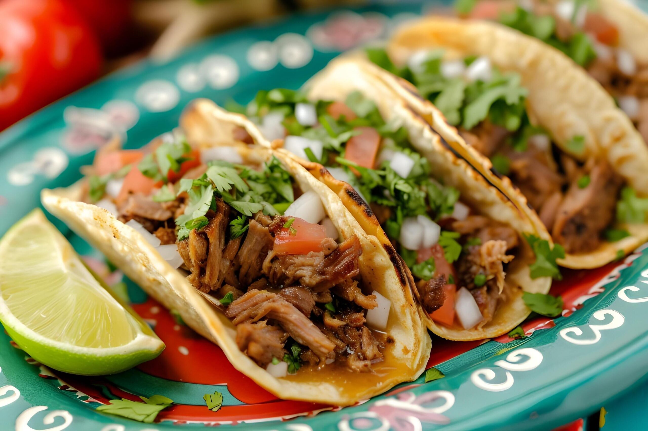 Ai-generated-carnitas-fiesta-tacos-on-a-traditional-folk-ceramic-dish-free-photo