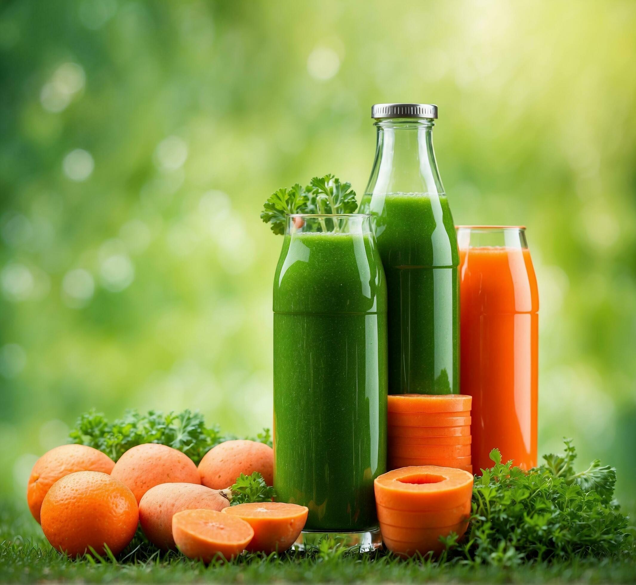 Ai-generated-carrot-juice-in-bottle-and-glass-with-fresh-fruits-on-green-grass-free-photo