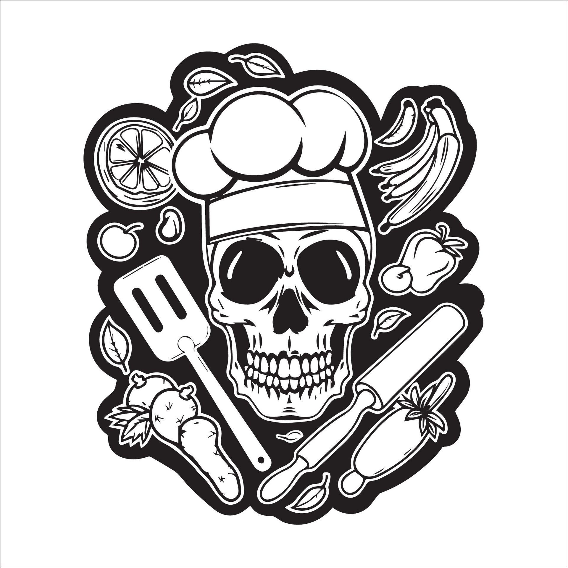 Ai-generated-chef-skull-in-black-and-white-illustration-free-vector
