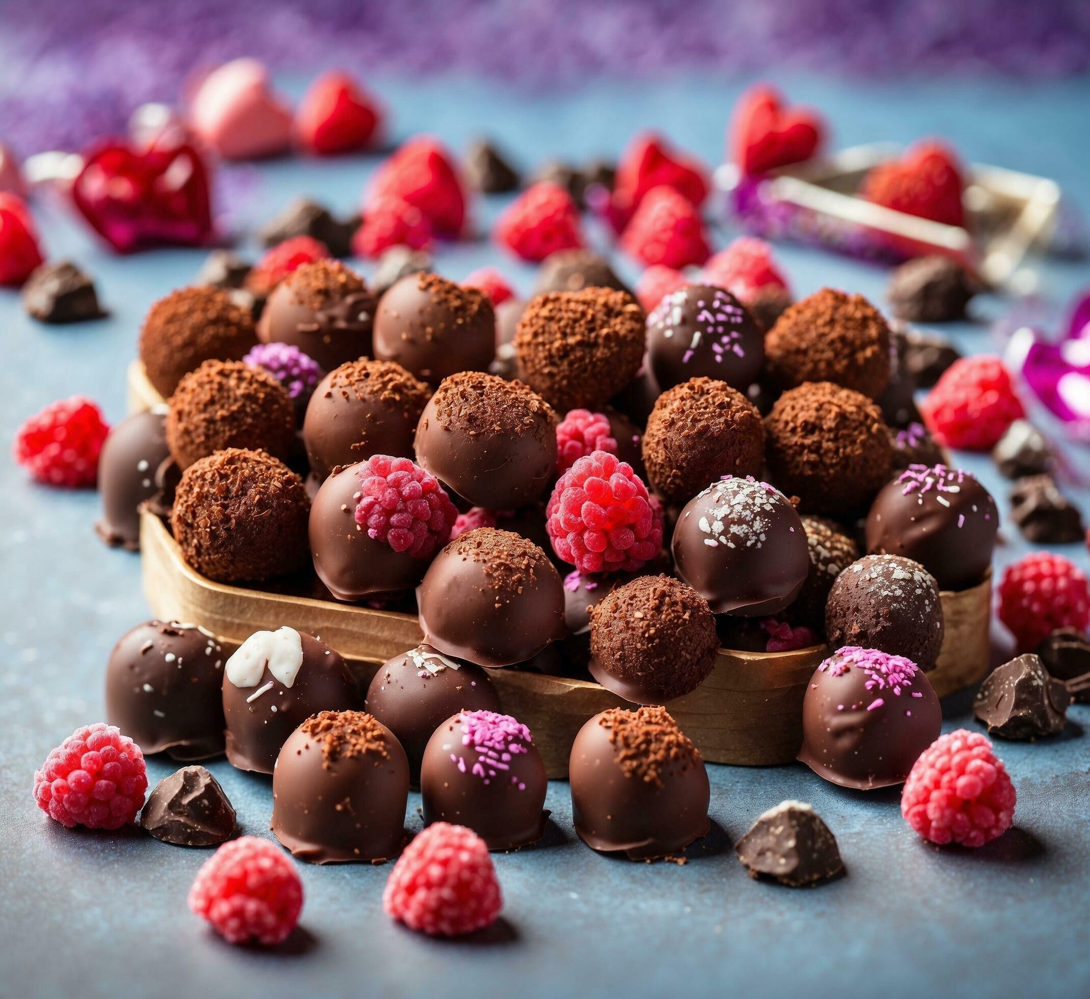 Ai-generated-chocolate-truffles-with-raspberries-and-blueberries-on-a-blue-background-free-photo