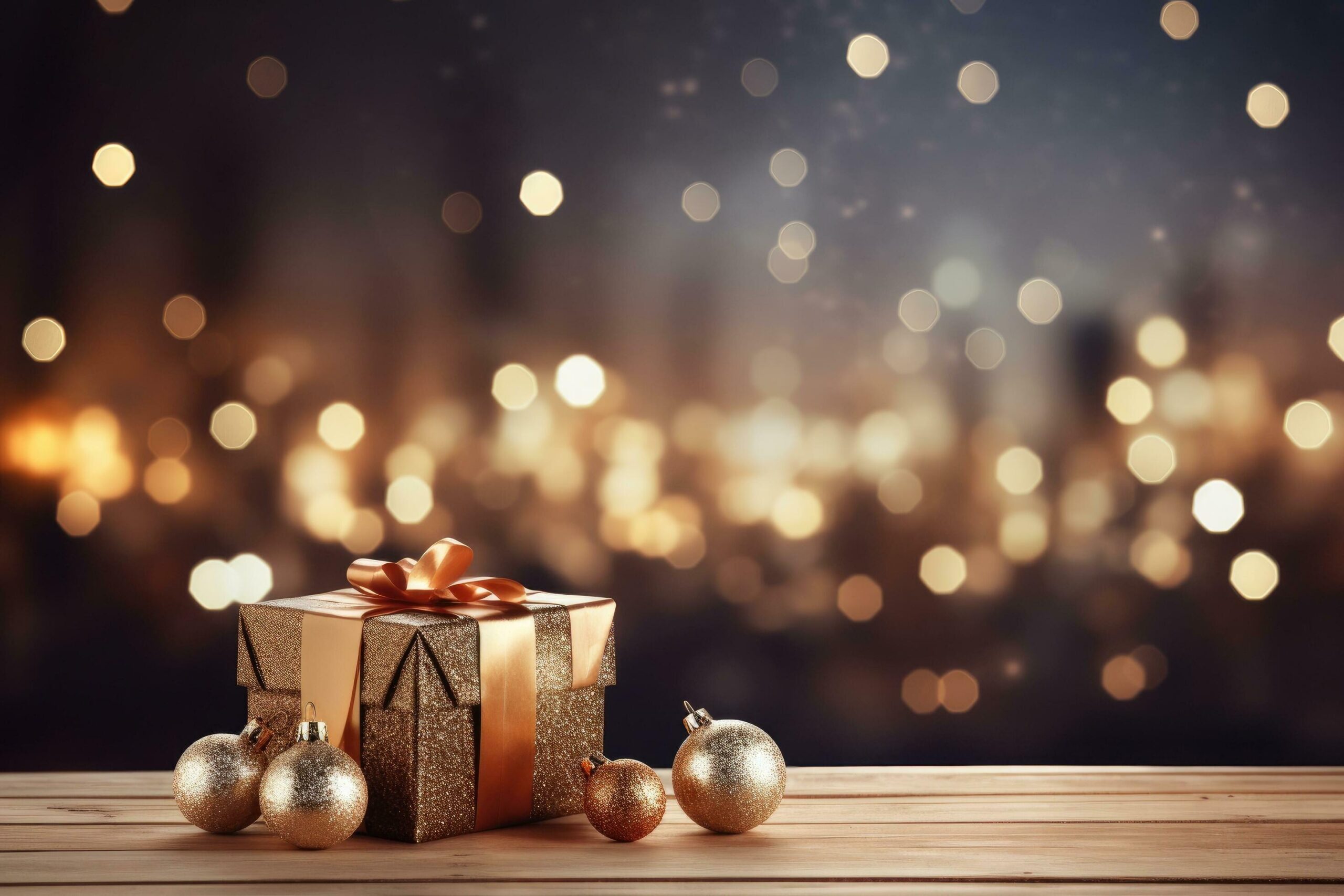 Ai-generated-christmas-gift-boxes-on-the-floor-christmas-tree-branches-and-christmas-balls-bokeh-lights-background-generative-ai-free-photo