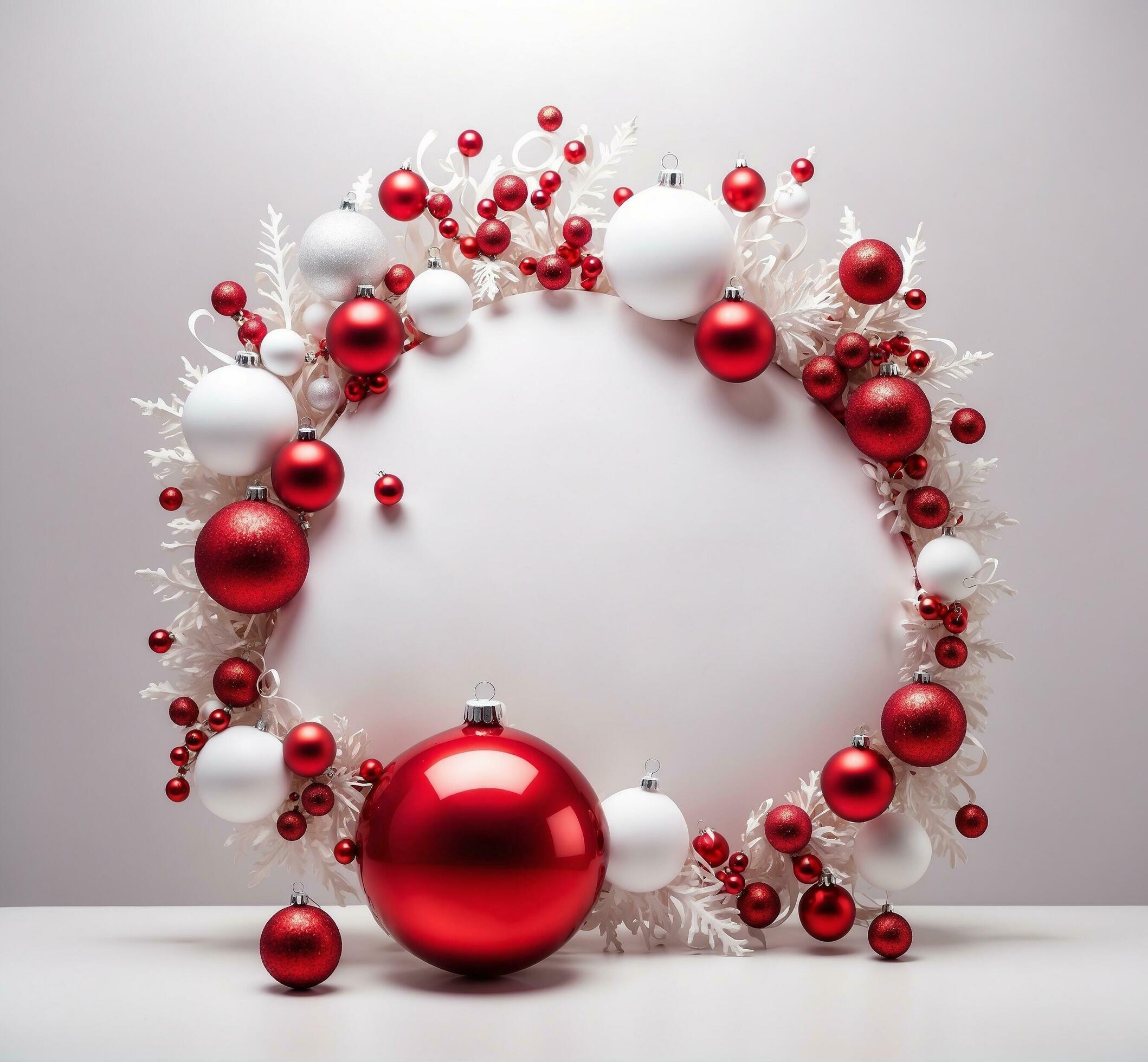 Ai-generated-christmas-wreath-with-red-and-white-baubles-on-a-white-background-free-photo