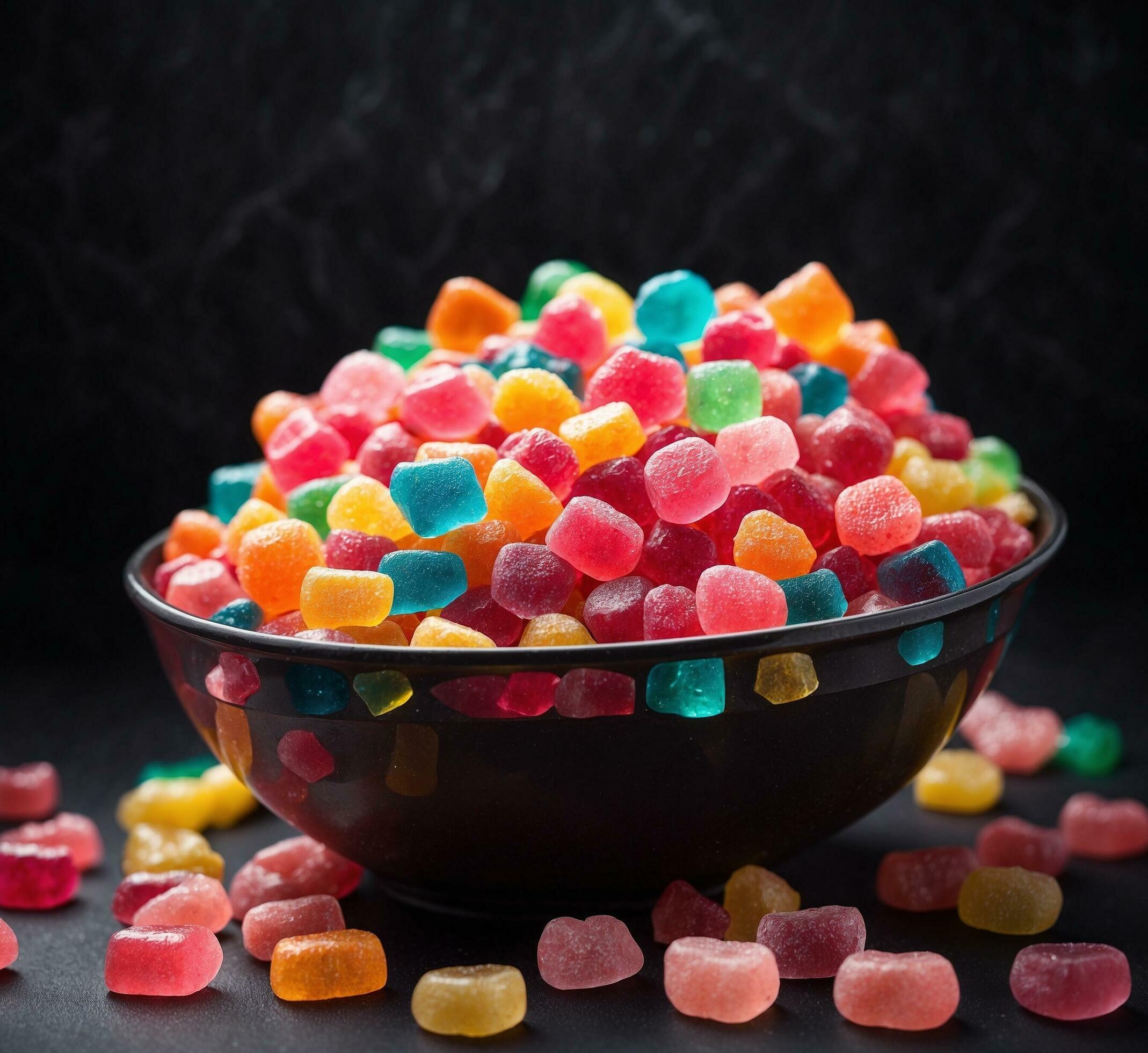 Ai-generated-colorful-candies-in-a-bowl-on-black-background-selective-focus-free-photo
