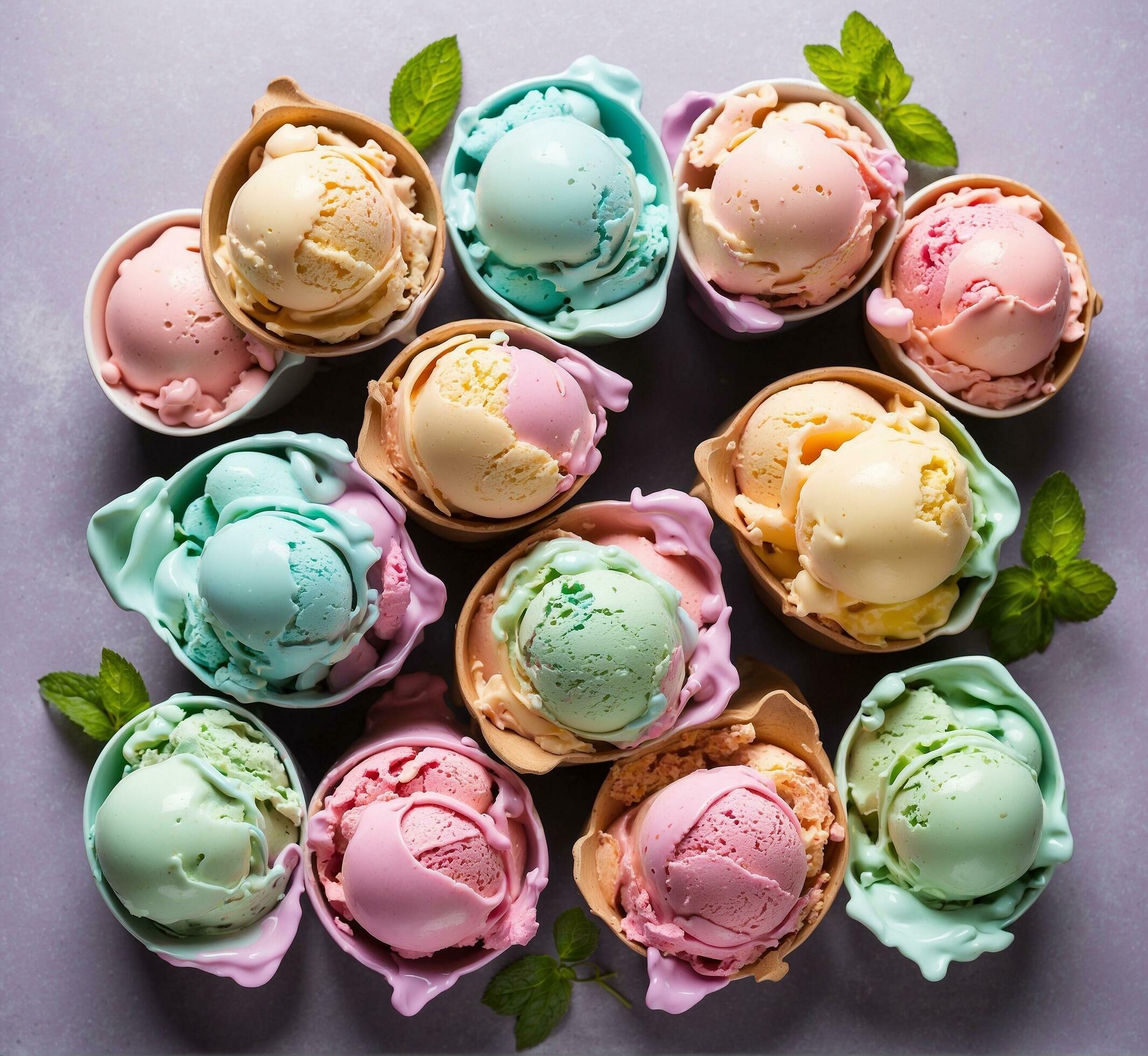 Ai-generated-colorful-ice-cream-scoops-in-cones-on-a-gray-background-free-photo