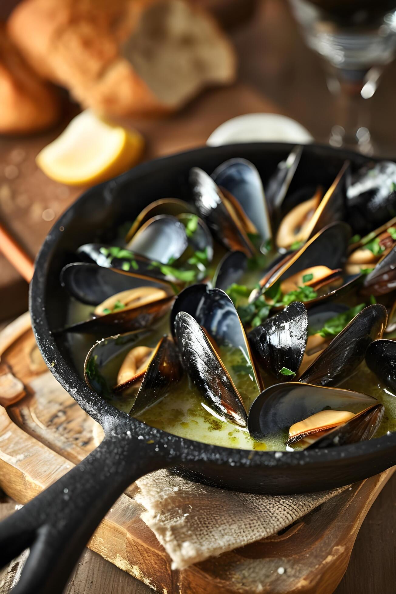 Ai-generated-culinary-coastal-charm-spanish-mussels-in-a-folk-inspired-presentation-free-photo