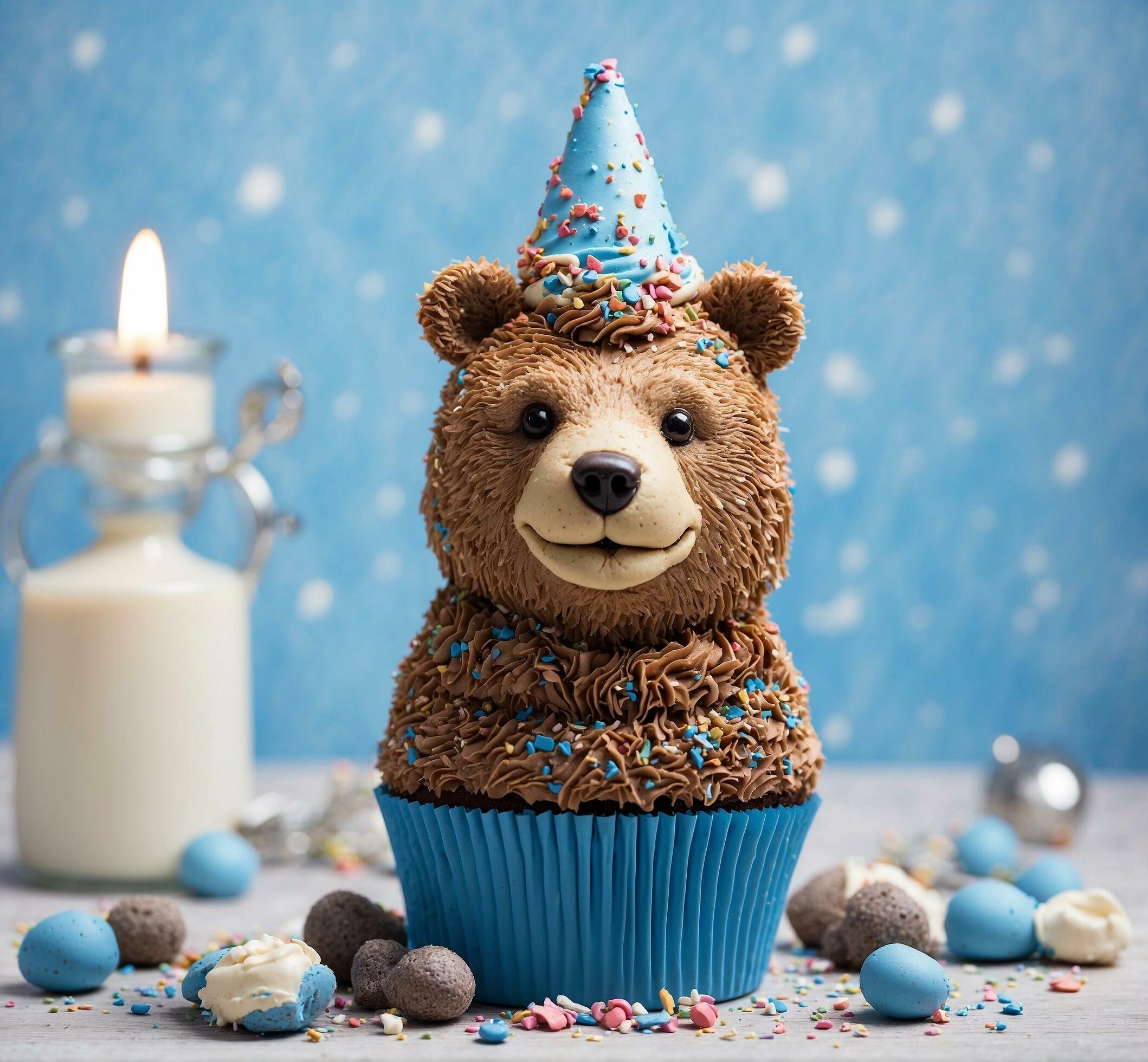 Ai-generated-cupcake-with-chocolate-bear-and-candle-on-a-blue-background-free-photo