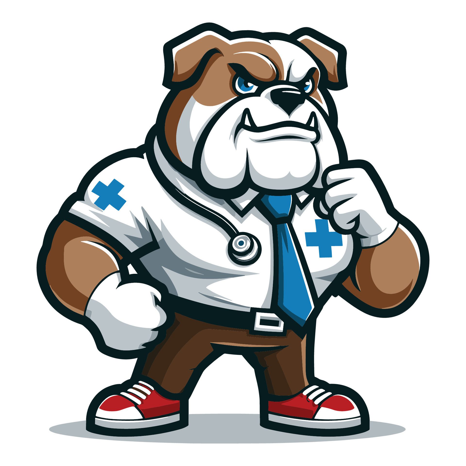 Ai-generated-cute-cartoon-bulldog-puppy-in-doctor-uniform-with-stethoscope-mascot-character-design-logo-template-isolated-on-white-background-free-vector