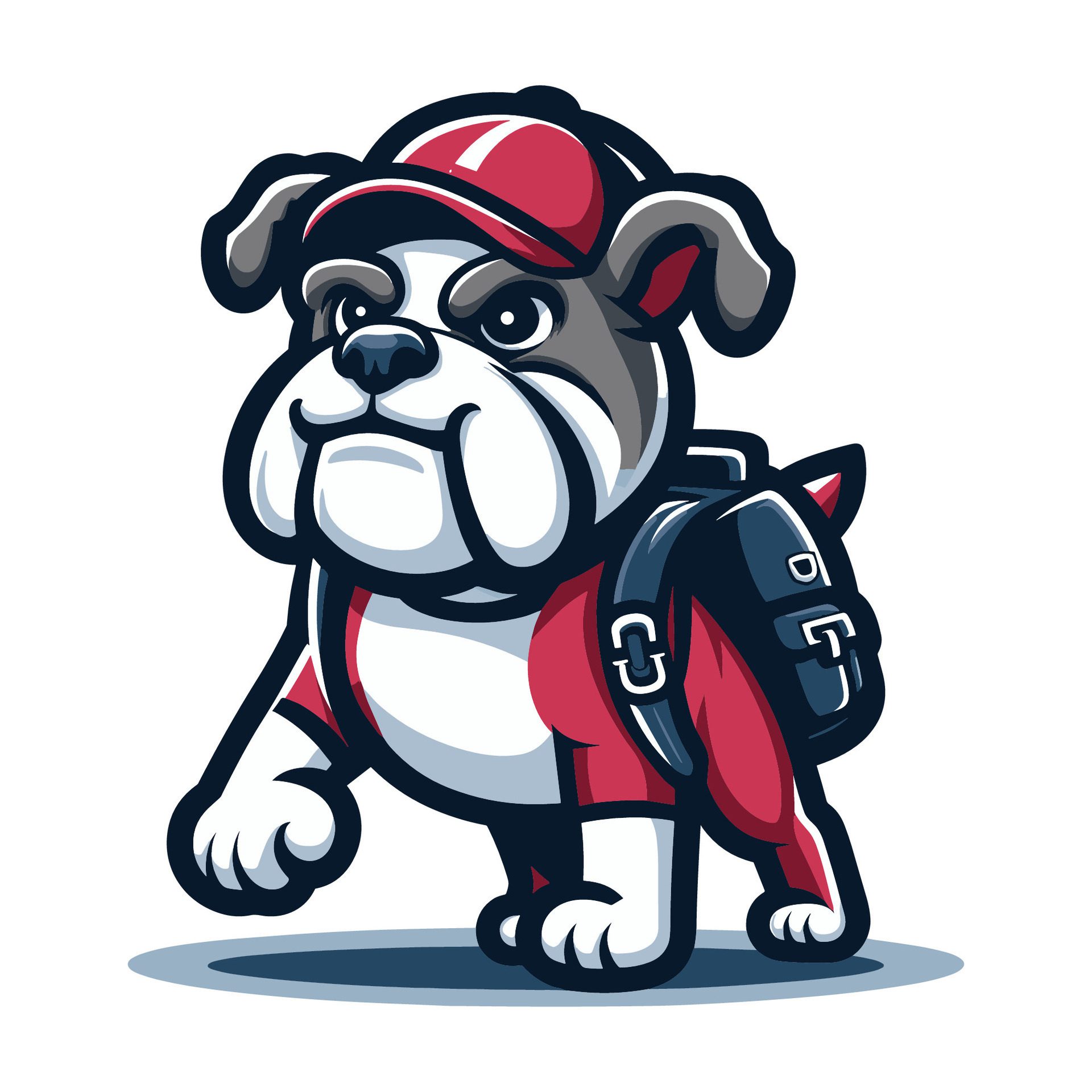 Ai-generated-cute-cartoon-bulldog-puppy-with-backpack-and-hat-mascot-character-design-logo-template-isolated-on-white-background-free-vector