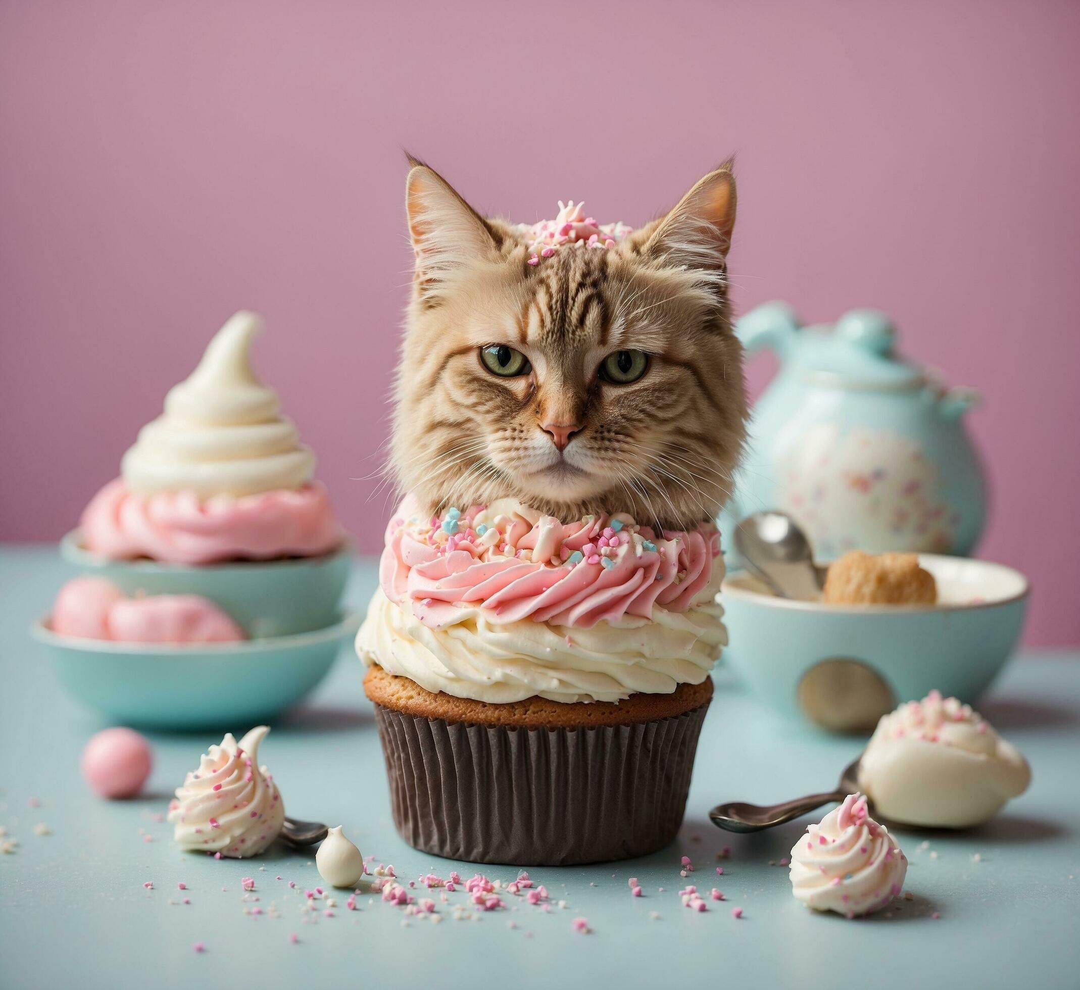 Ai-generated-cute-cat-and-delicious-cupcakes-on-table-on-color-background-free-photo