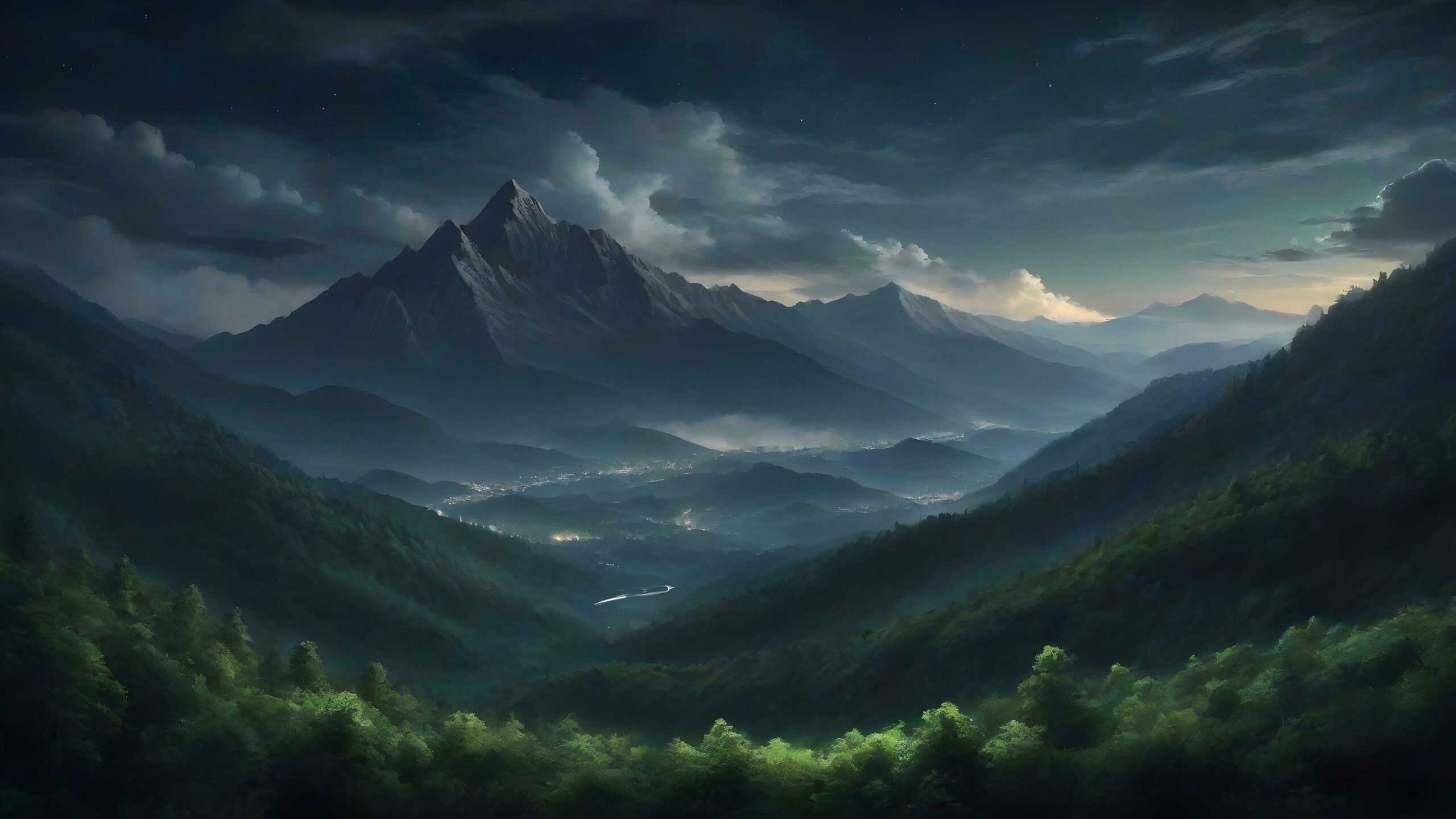Ai-generated-dramatic-sky-over-mountain-range-with-forest-and-trees-free-photo
