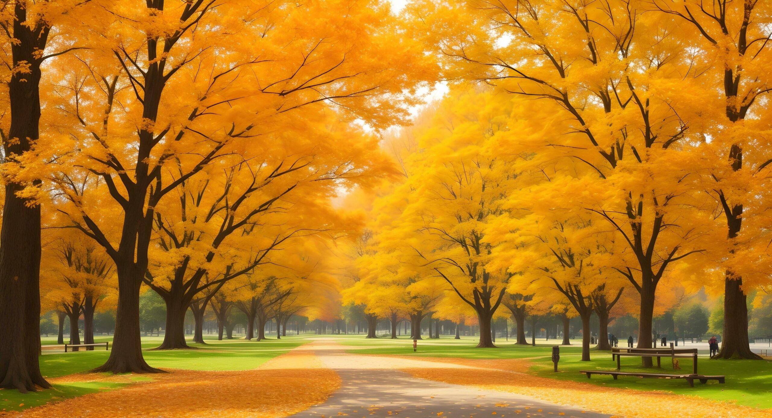 Ai-generated-empty-park-path-lined-with-benches-under-vibrant-autumn-trees-free-photo