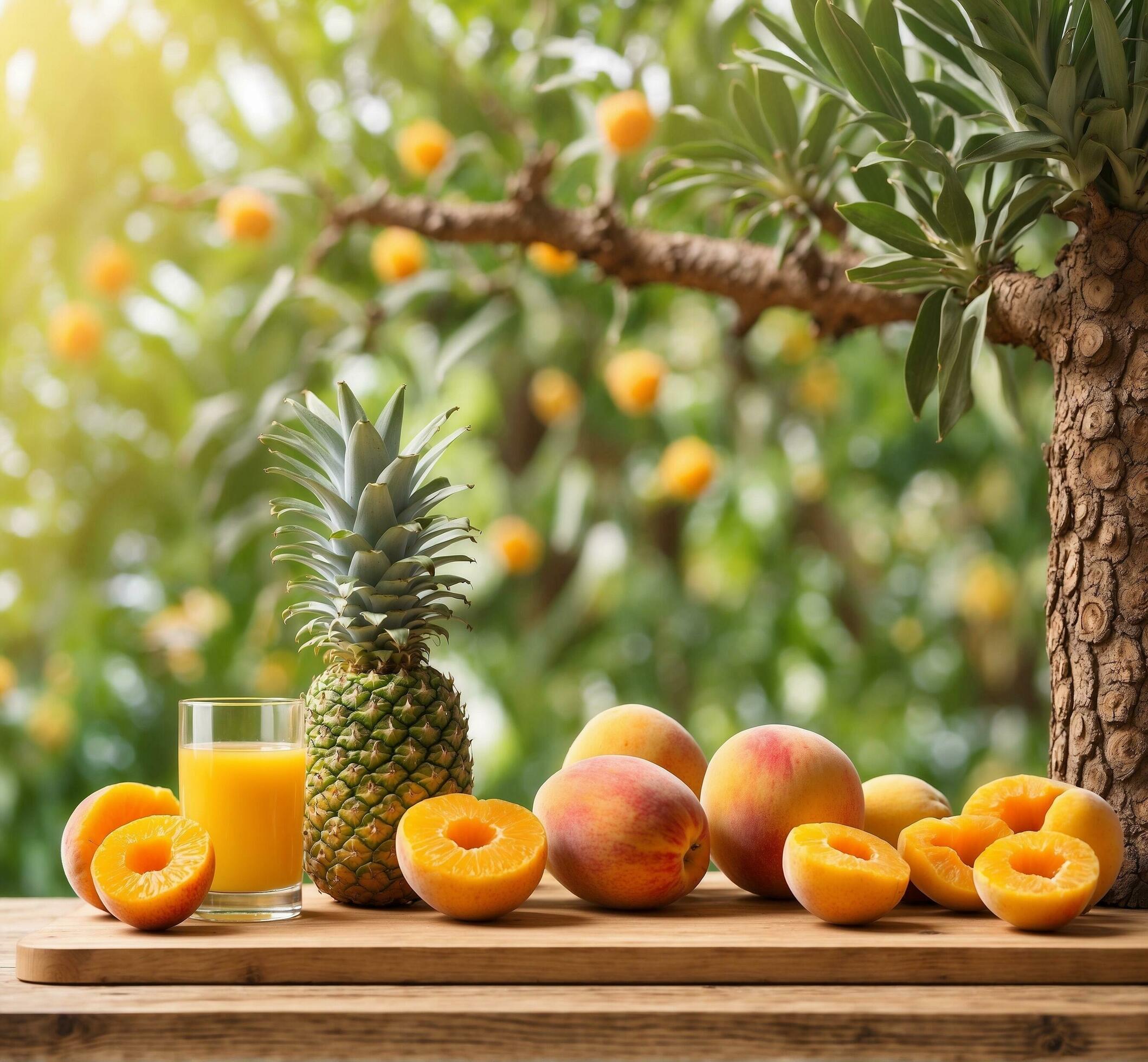 Ai-generated-fresh-peach-and-pineapple-juice-in-glass-on-wooden-table-summer-fruit-background-free-photo