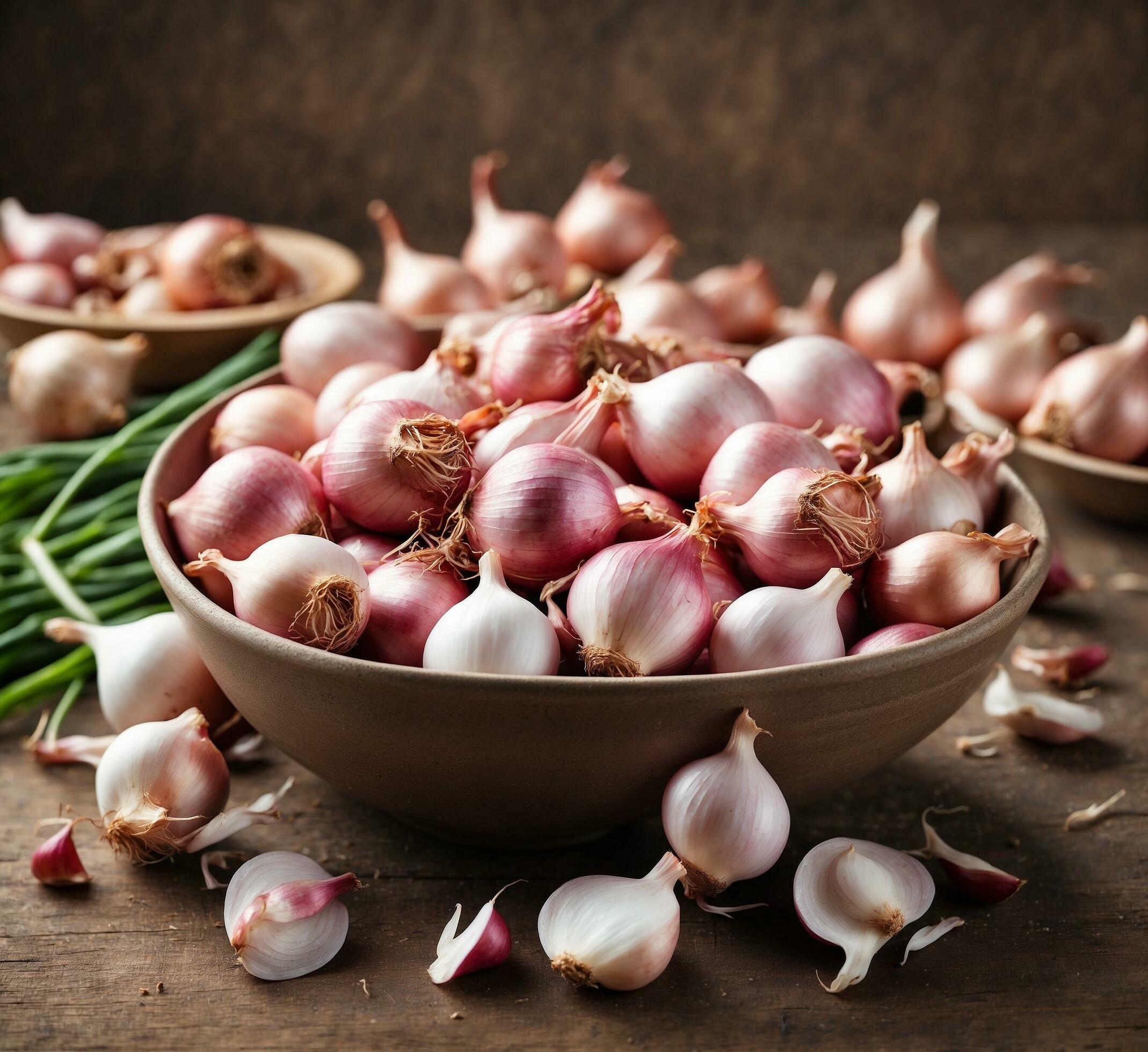 Ai-generated-fresh-shallots-and-garlic-on-rustic-wooden-background-selective-focus-free-photo