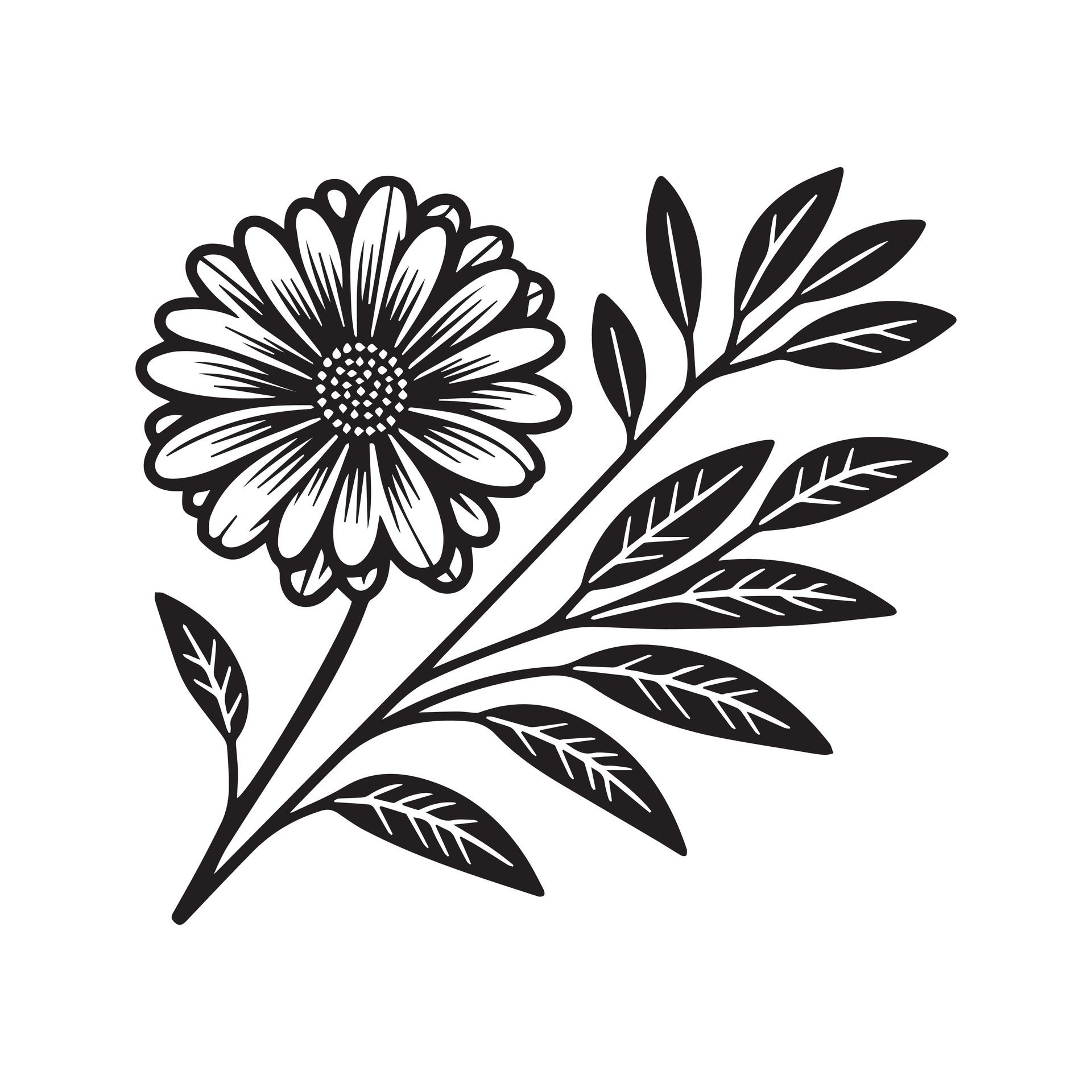 Ai-generated-gerbera-flower-silhouette-black-and-white-illustration-free-vector