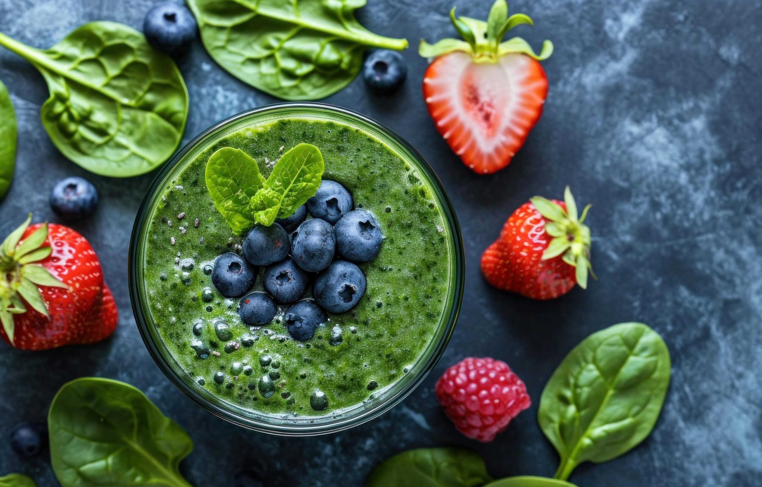 Ai-generated-green-smoothie-with-spinach-bananas-blueberries-and-strawberries-free-photo