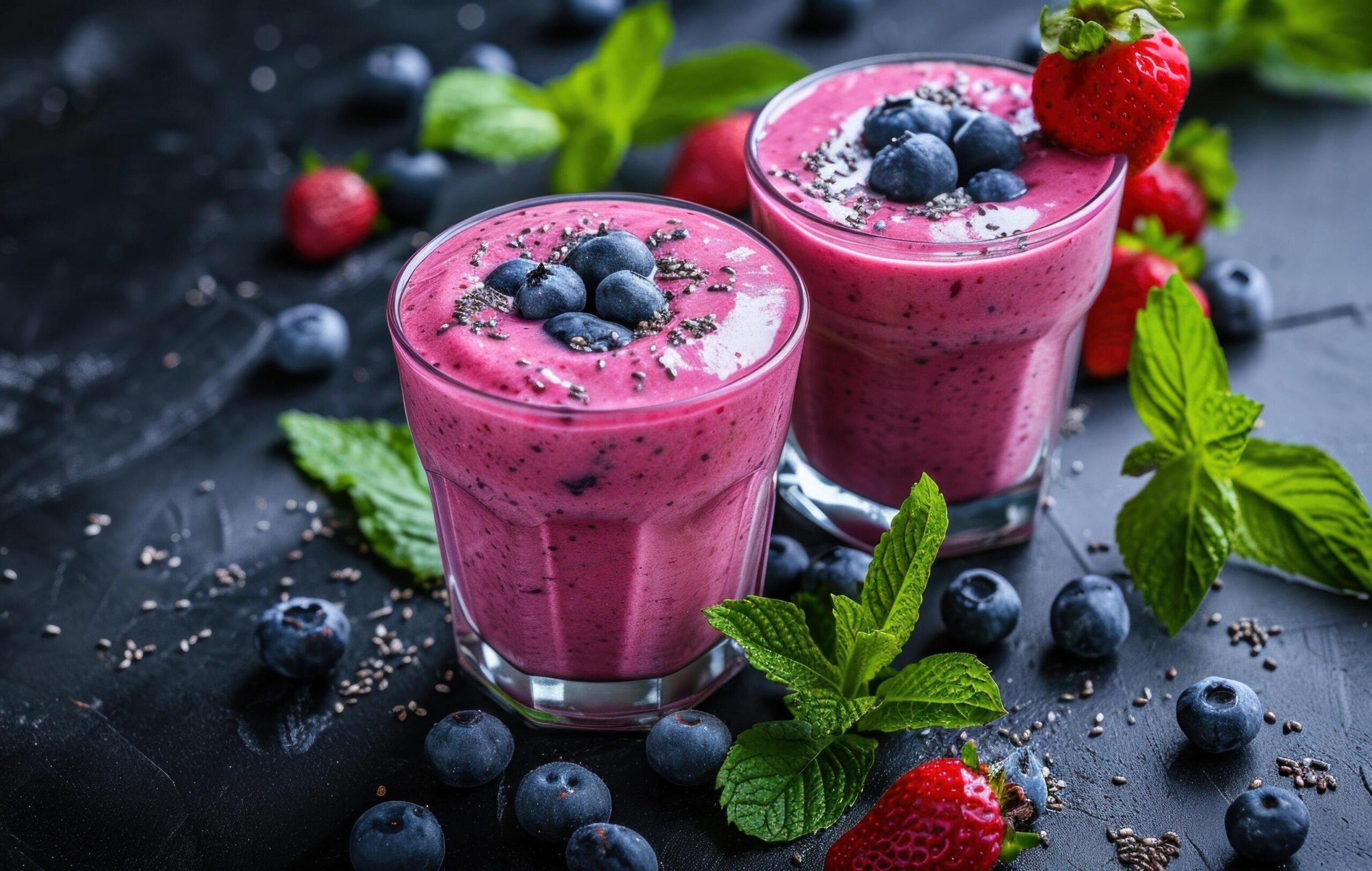 Ai-generated-healthy-strawberry-and-blueberry-smoothie-on-the-table-with-green-leaves-free-photo